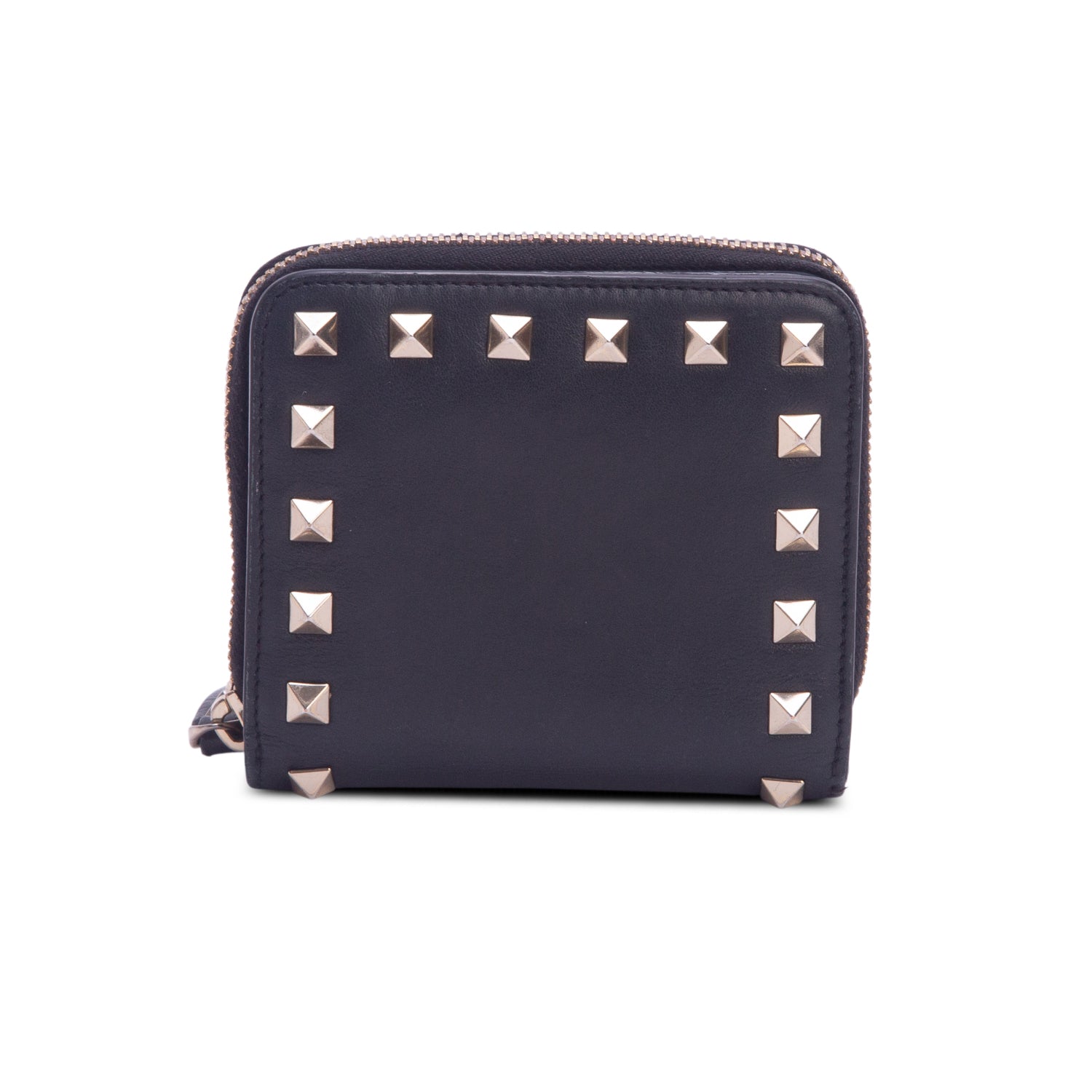 Valentino Black Nappa Rockstud Compact Zip Around Wallet