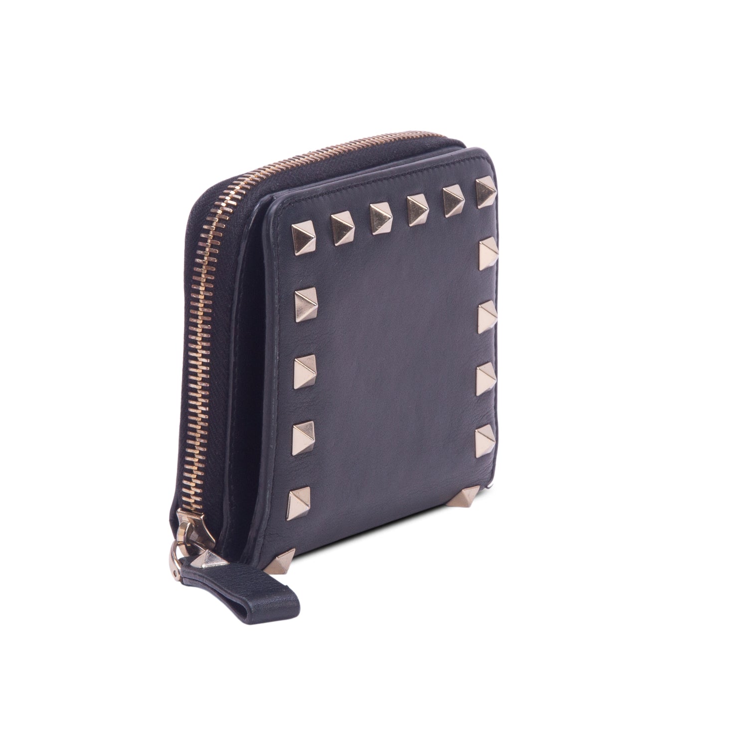 Valentino Black Nappa Rockstud Compact Zip Around Wallet