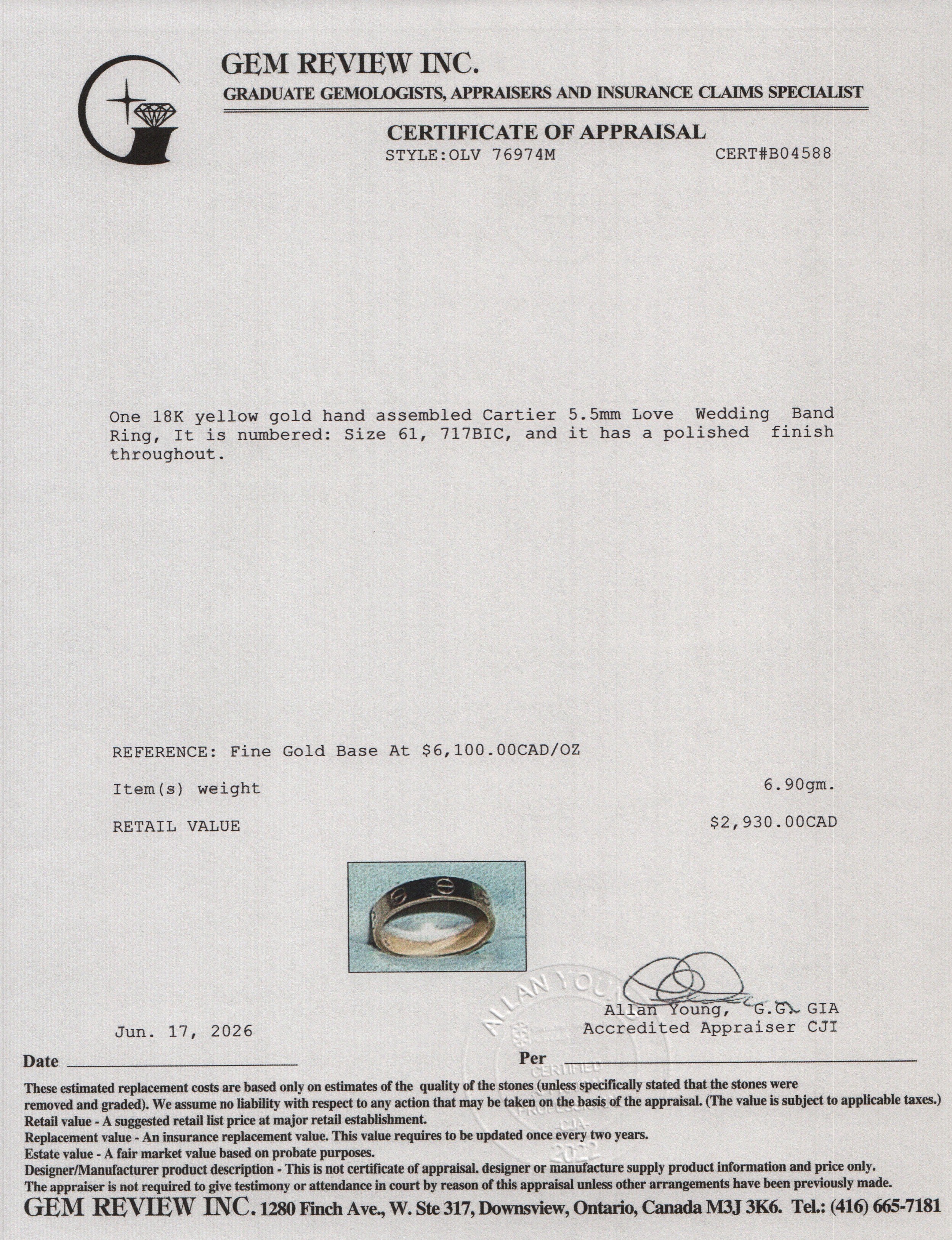 Cartier 2025 18k Yellow Gold 5.5 MM Love Ring, Classic Model, Size 61 9.75 w/ Box, Receipt & Certificate