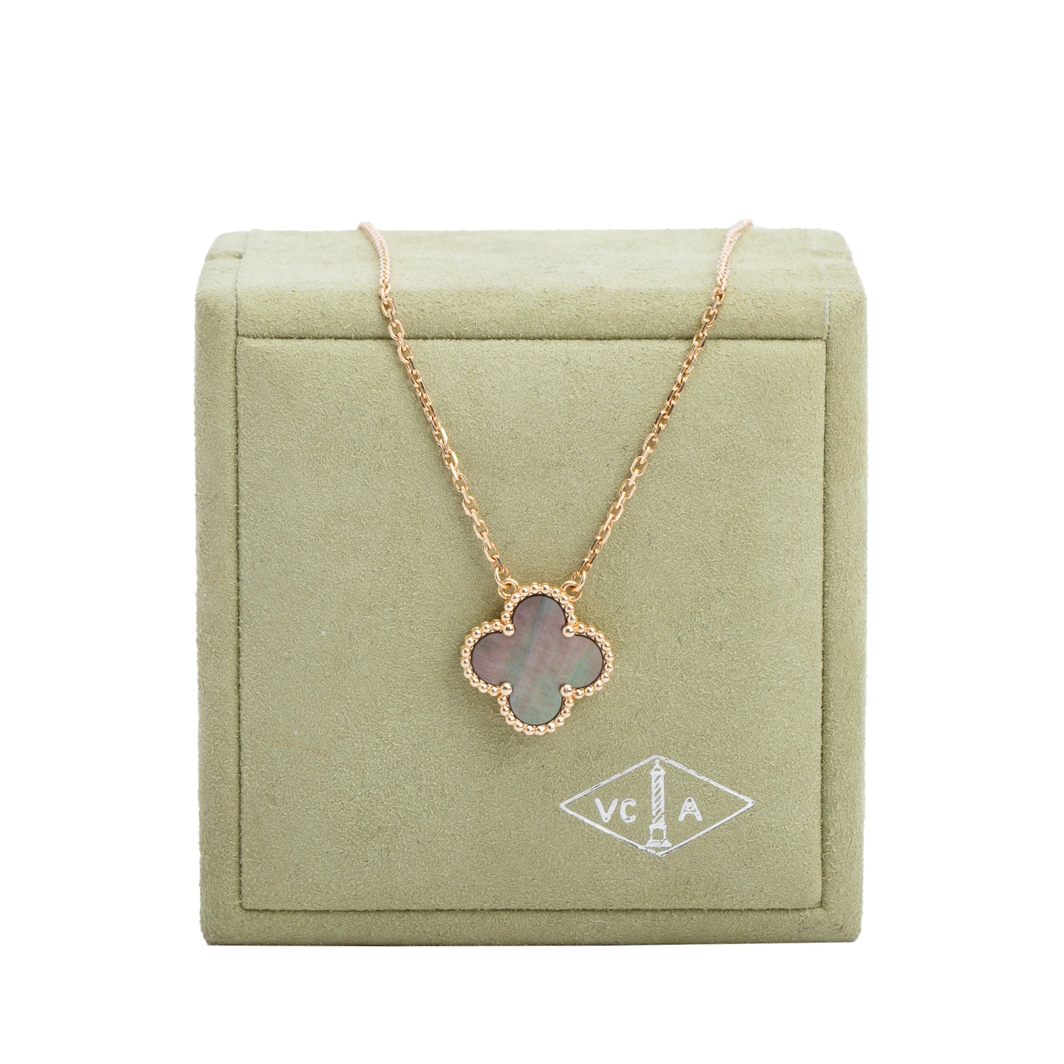 Van Cleef & Arpels 2022 18k Rose Gold Grey Mother of Pearl Vintage Alhambra Pendant Necklace w/ Box & Receipt
