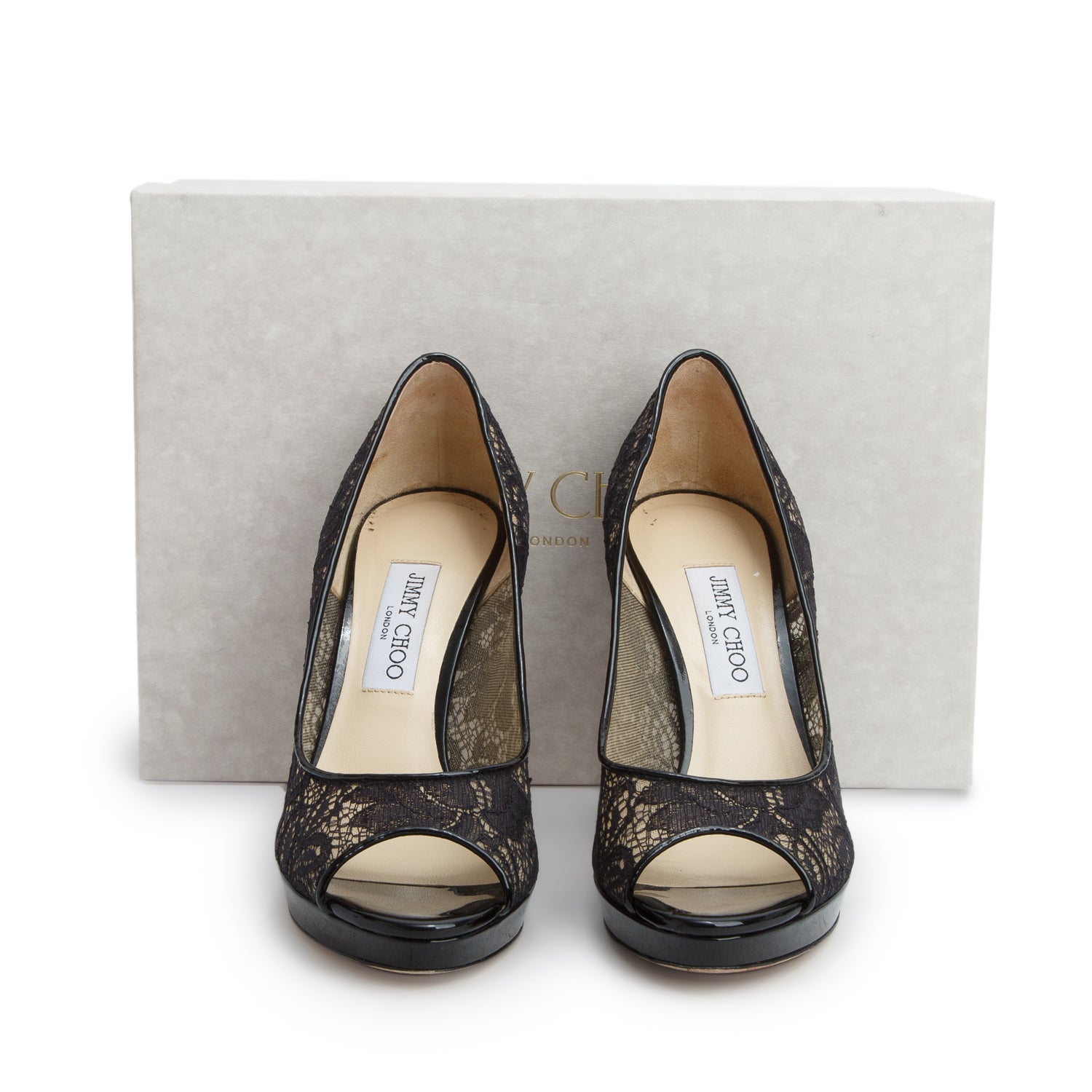 Jimmy Choo Black Lace Luna Peep Toe Pumps, Size 39 w/ Box