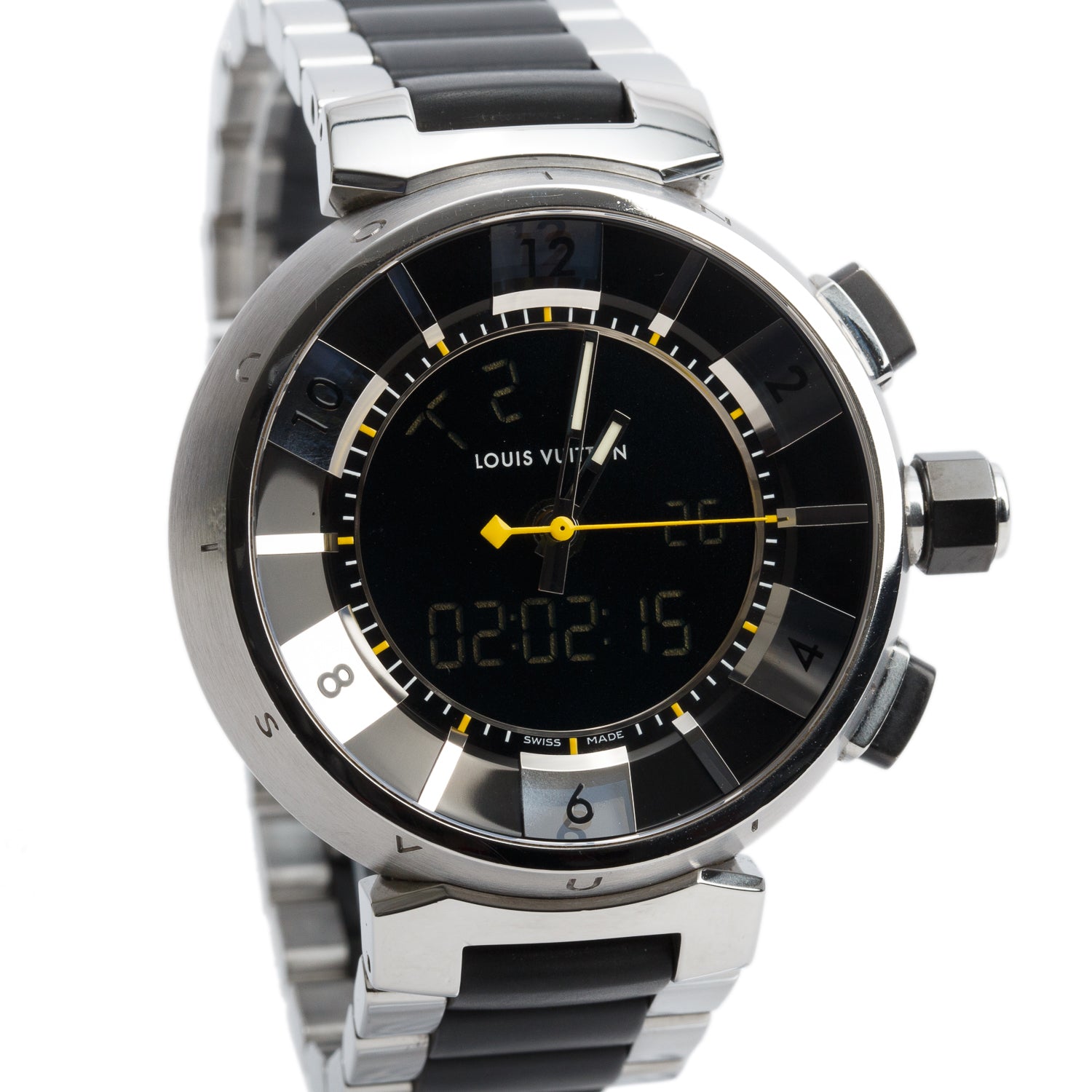 Louis Vuitton Stainless Steel Tambour 41 MM Analog-Digital Quartz Watch Q118F w/ Box