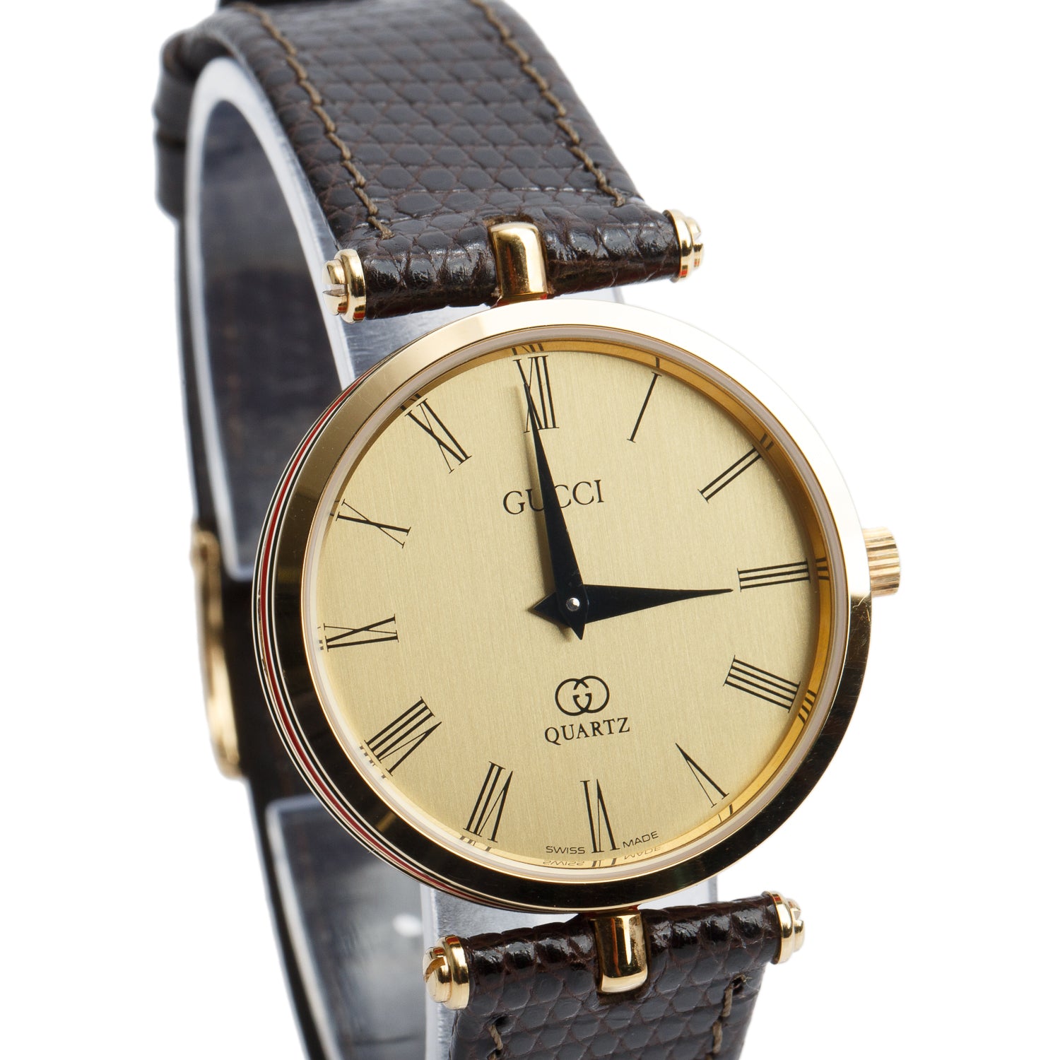 Gucci Vintage Gold Plated Stainless Steel Stack 2000M 30 MM Quartz Watch Gold Dial w/ Box