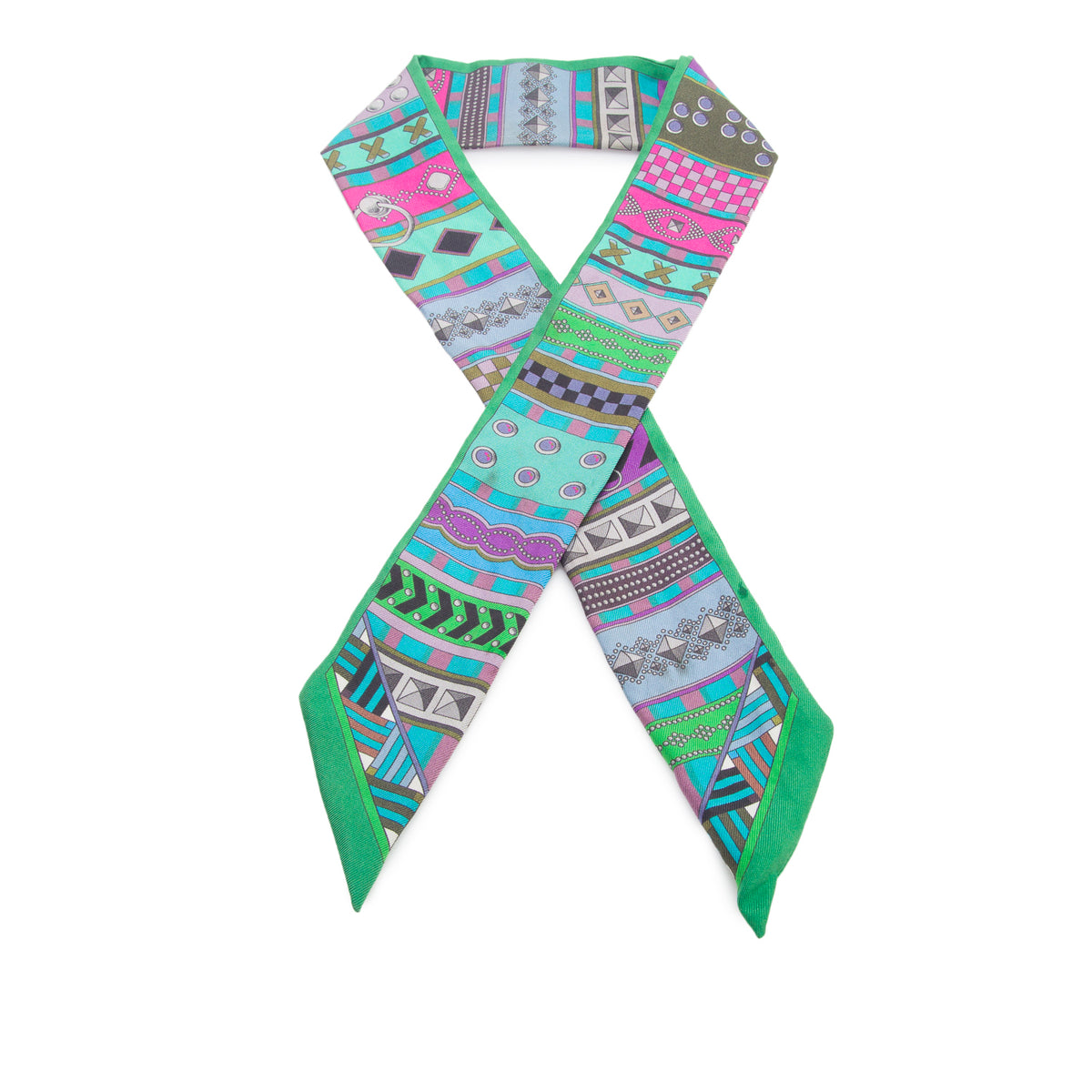 Hermes Green/Multicolor 'Collier de Chiens' Silk Twilly w/ Box & Receipt