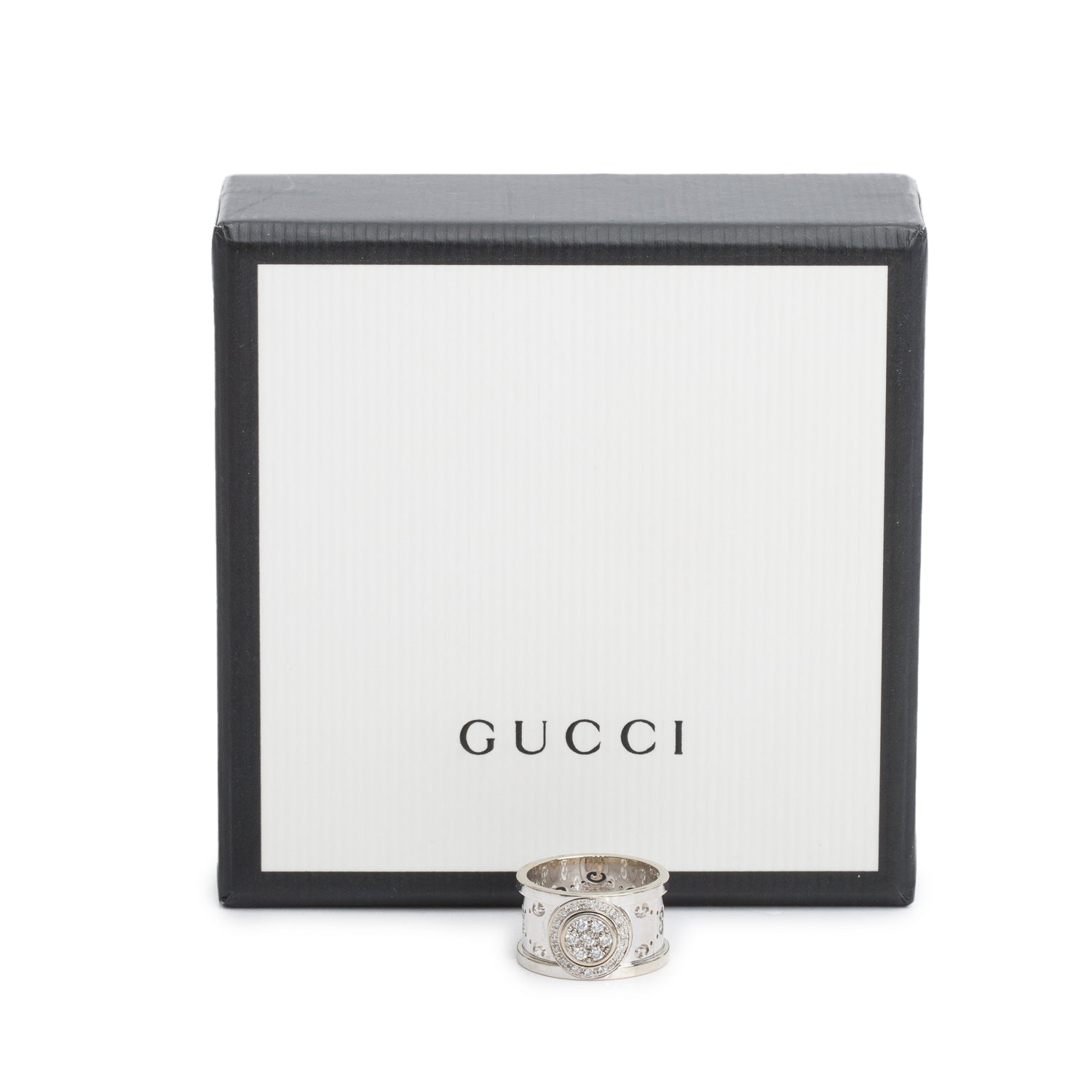 Gucci 18k White Gold Diamond Icon Twirl Ring, Size 9 4.5 w/ Box