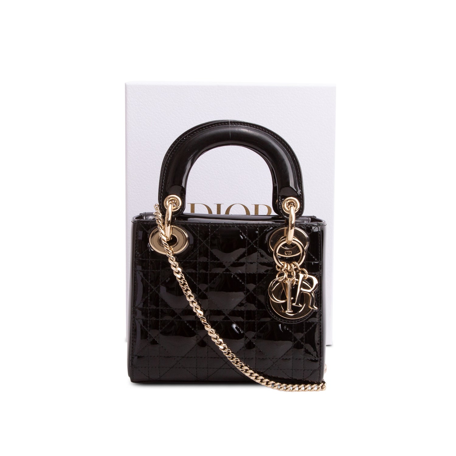 Christian Dior Black Patent Leather Cannage Mini Lady Dior Bag w/ Box, Authenticity Card & Strap