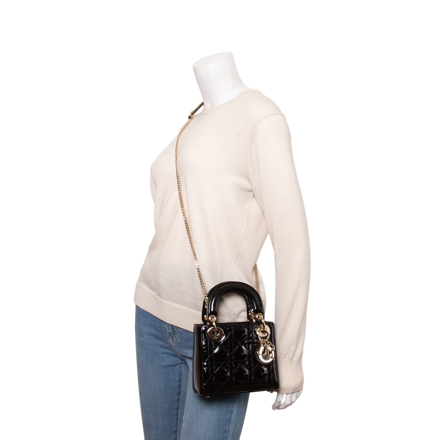 Christian Dior Black Patent Leather Cannage Mini Lady Dior Bag w/ Box, Authenticity Card & Strap