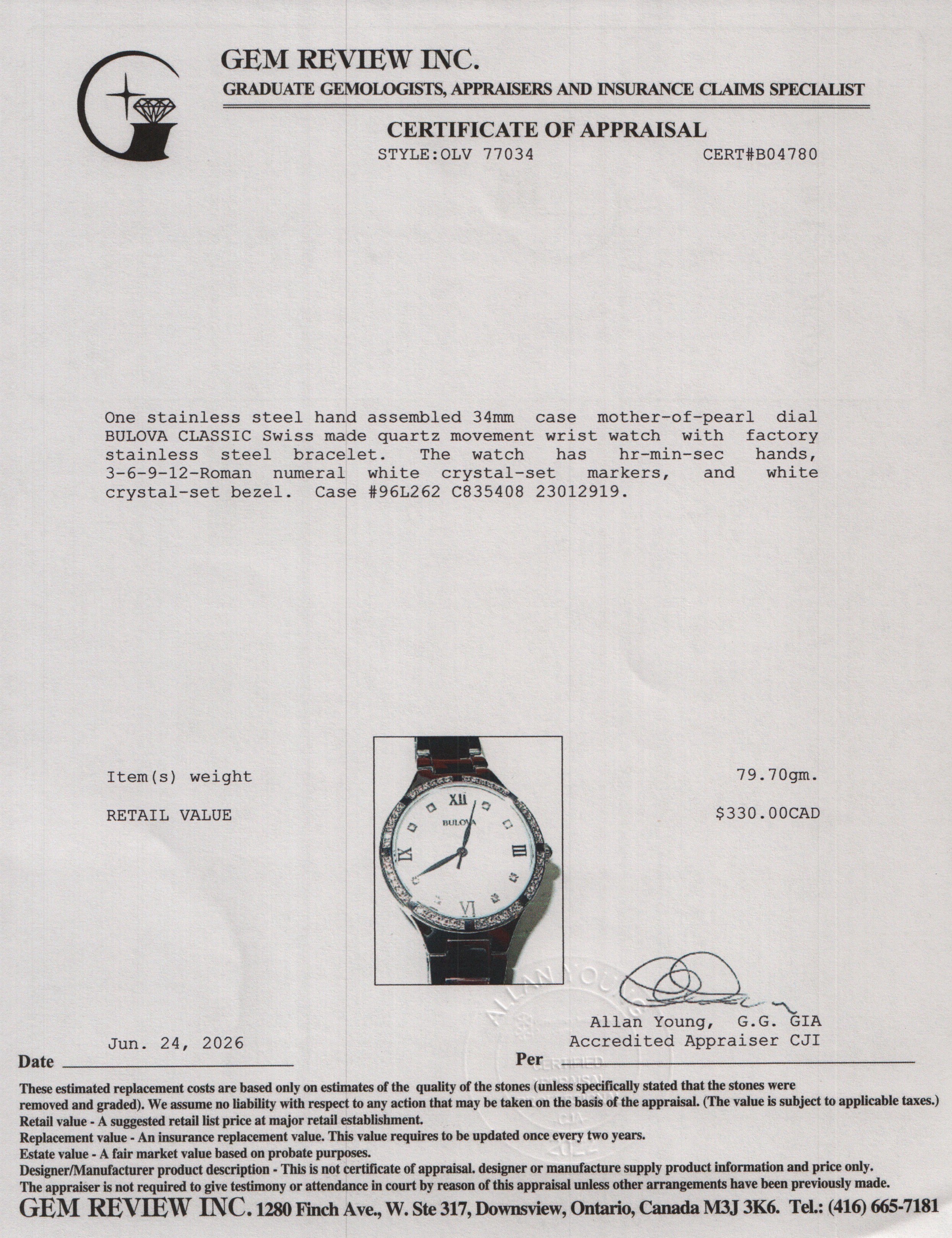 Bulova Stainless Steel Crystal Bezel Classic 34 MM Quartz Watch Crystal Mother of Pearl Dial 96L262