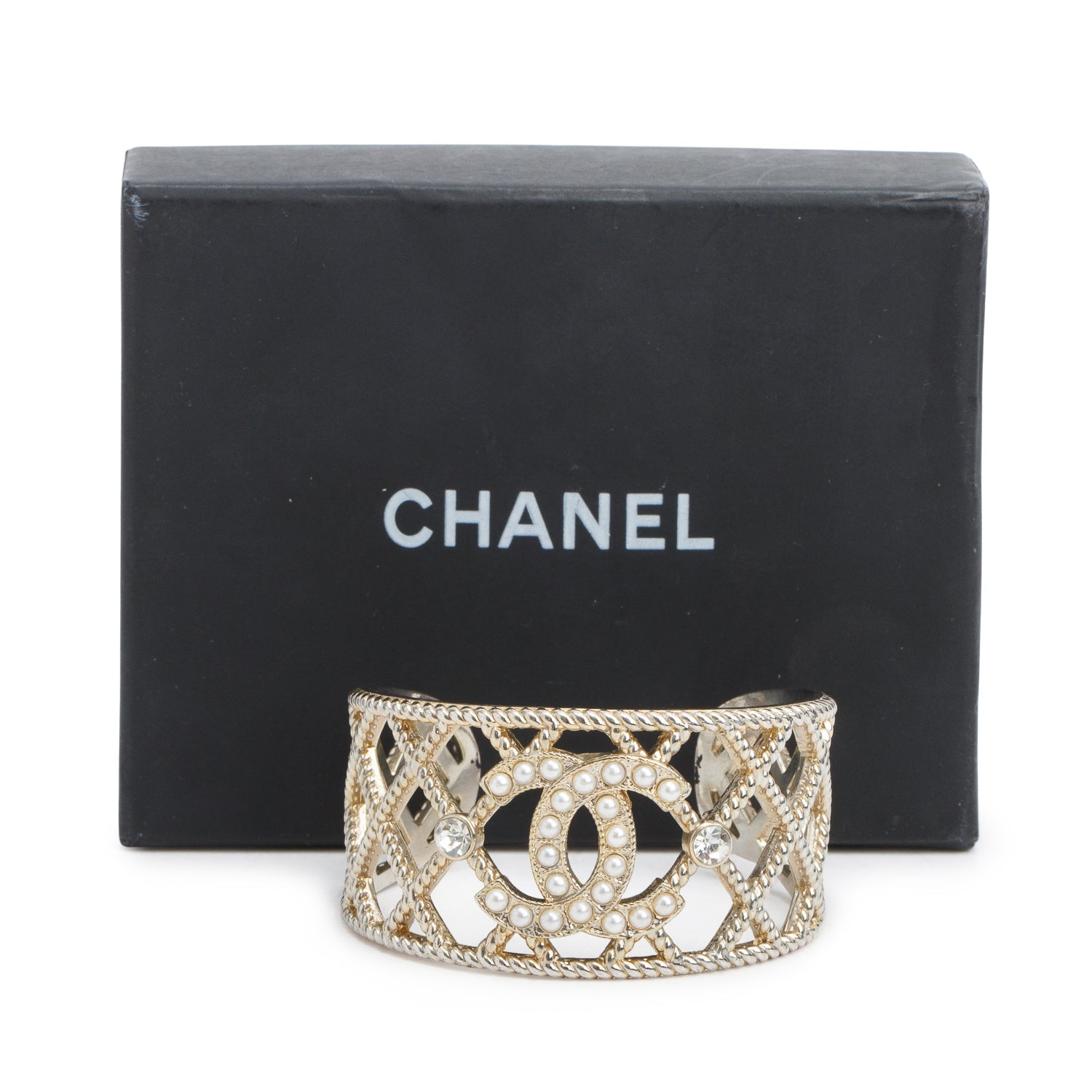 Chanel Gold Plated Faux Pearl Strass Cuff Bracelet w/ Box