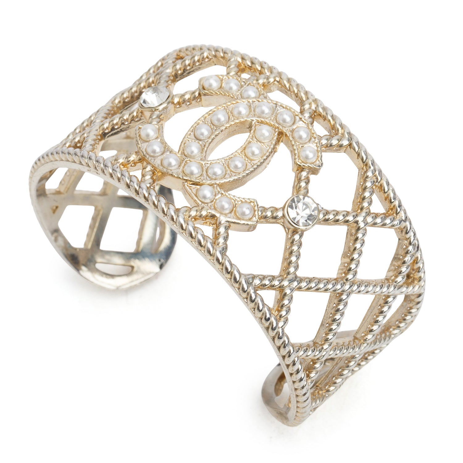 Chanel Gold Plated Faux Pearl Strass Cuff Bracelet w/ Box