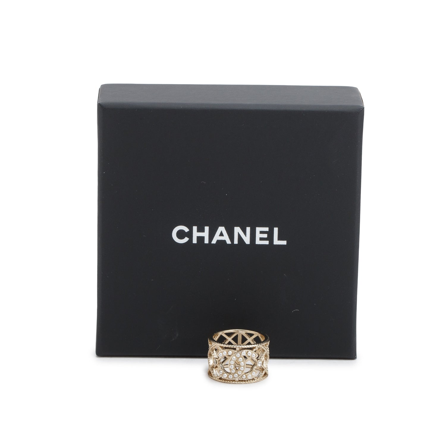 Chanel Gold Plated Faux Pearl & Strass CC Band Ring, Size 7.25
