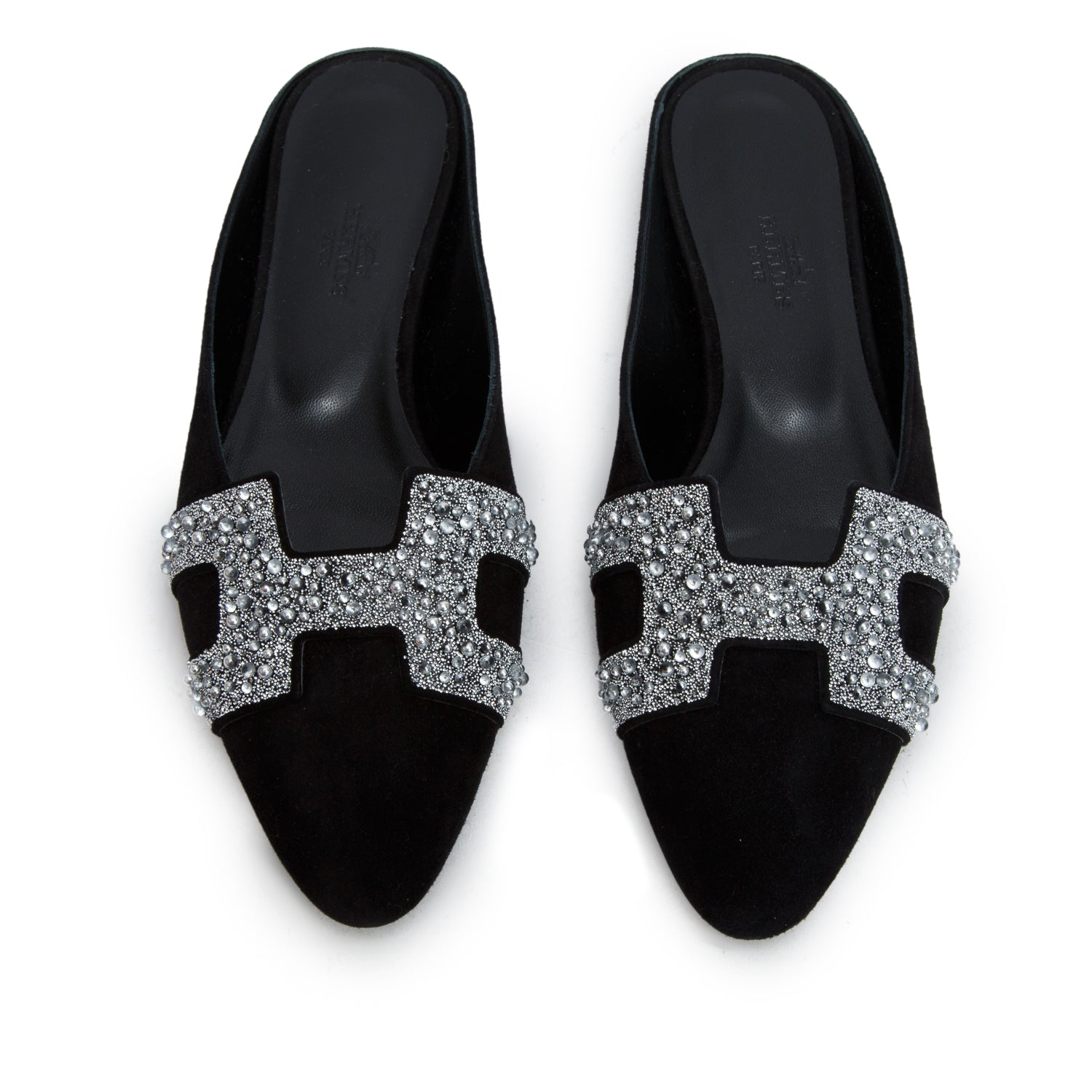 Hermes Noir Velvet Goatskin Crystal Roxane Mule Sandals, Women's Size 36.5 w/ Box