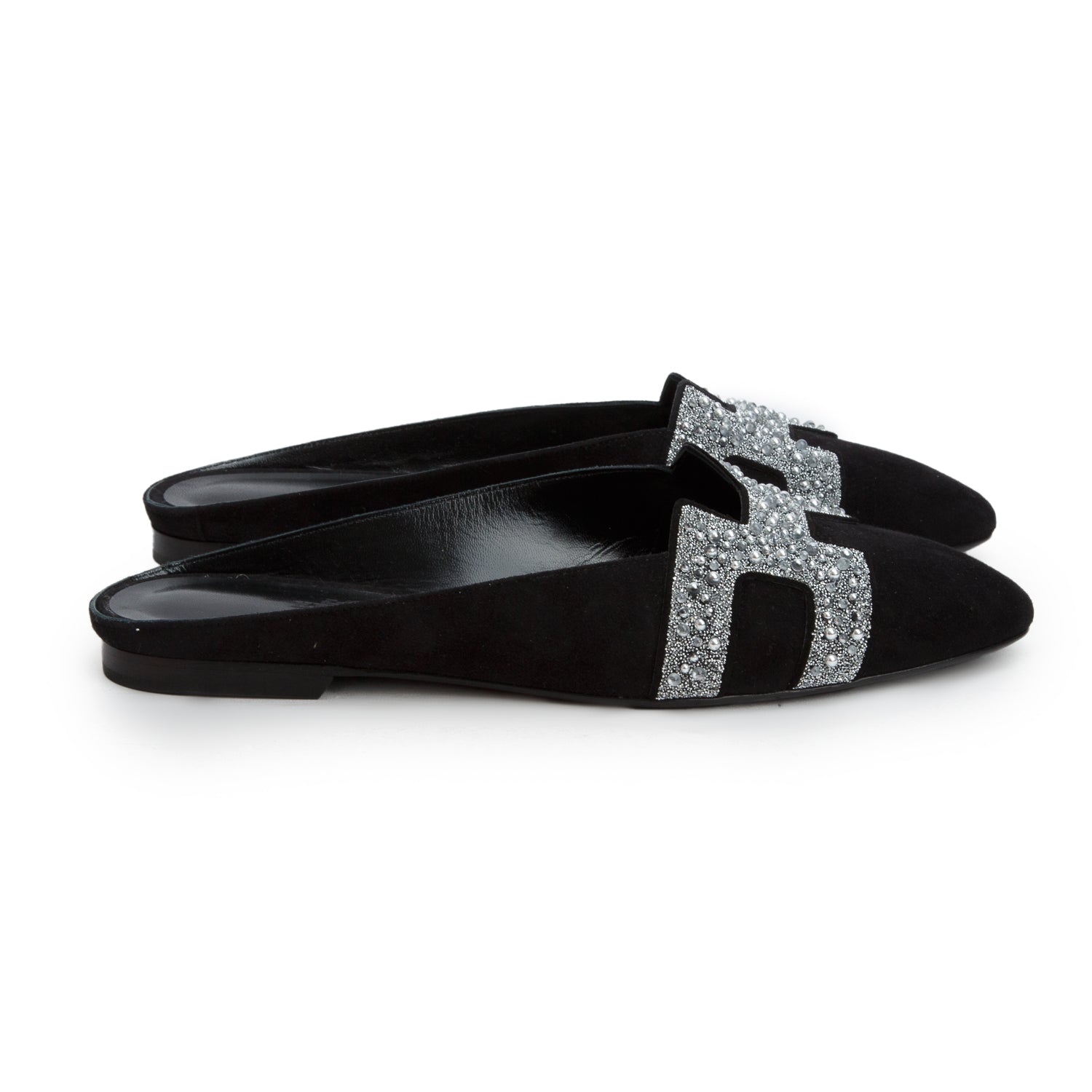 Hermes Noir Velvet Goatskin Crystal Roxane Mule Sandals, Women's Size 36.5 w/ Box