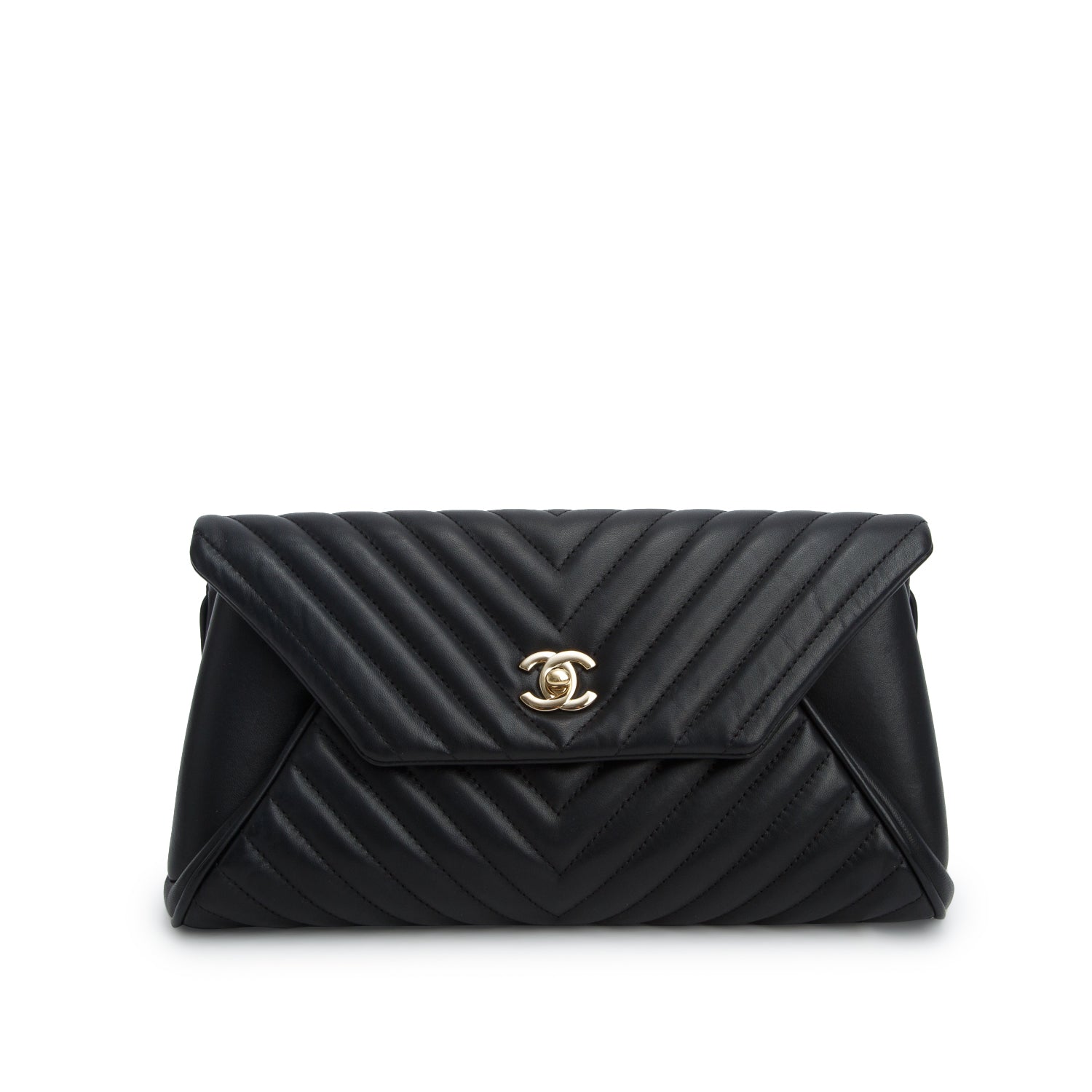 Chanel Black Sheepskin Chevron Fold Up Again Clutch w/ Authenticity Card