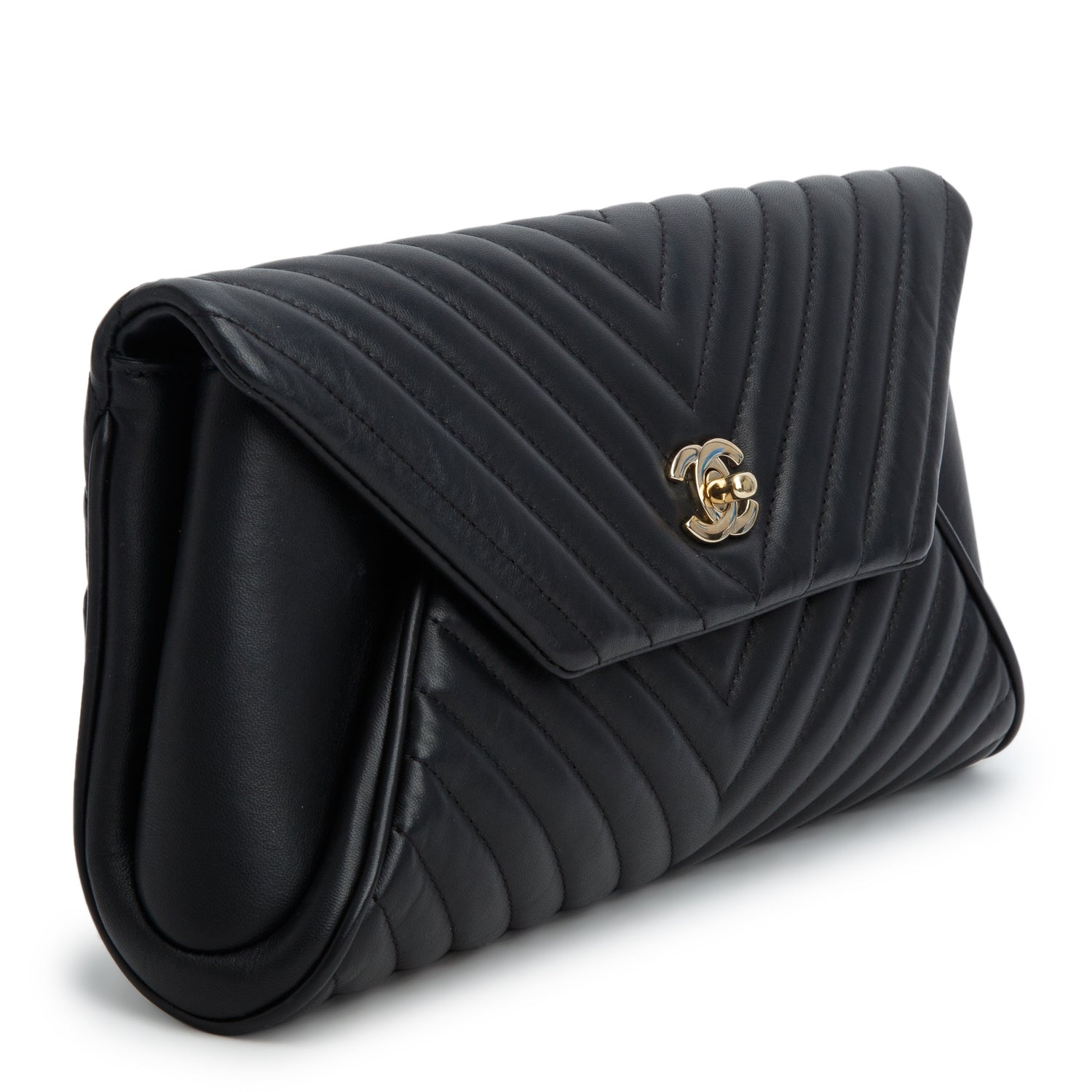 Chanel Black Sheepskin Chevron Fold Up Again Clutch w/ Authenticity Card