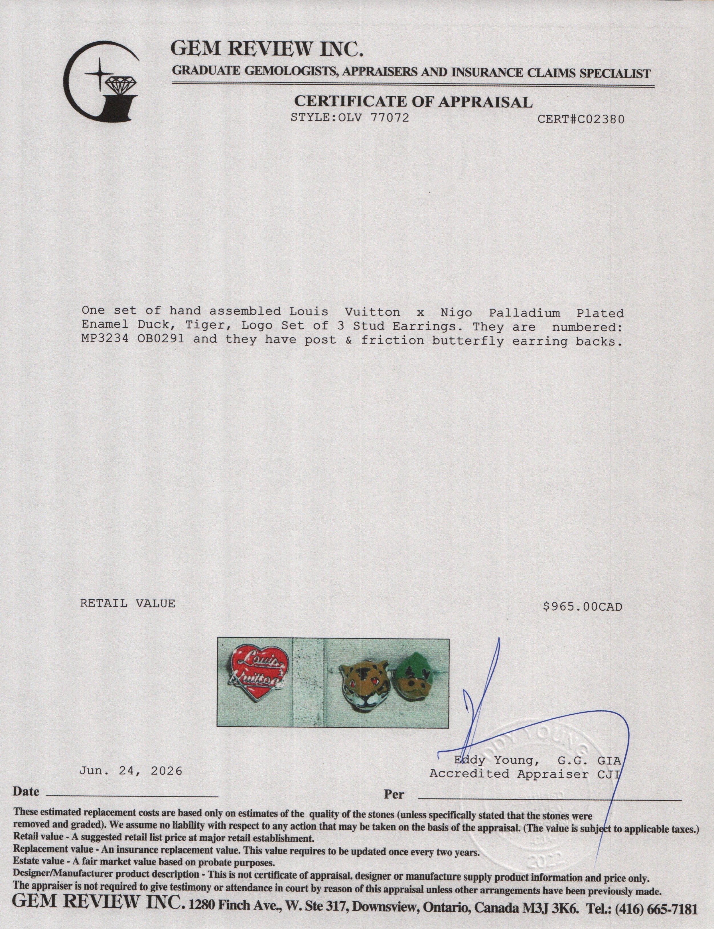 Louis Vuitton x Nigo 2021 Palladium Plated Enamel Duck, Tiger, Logo Set of 3 Stud Earrings w/ Box