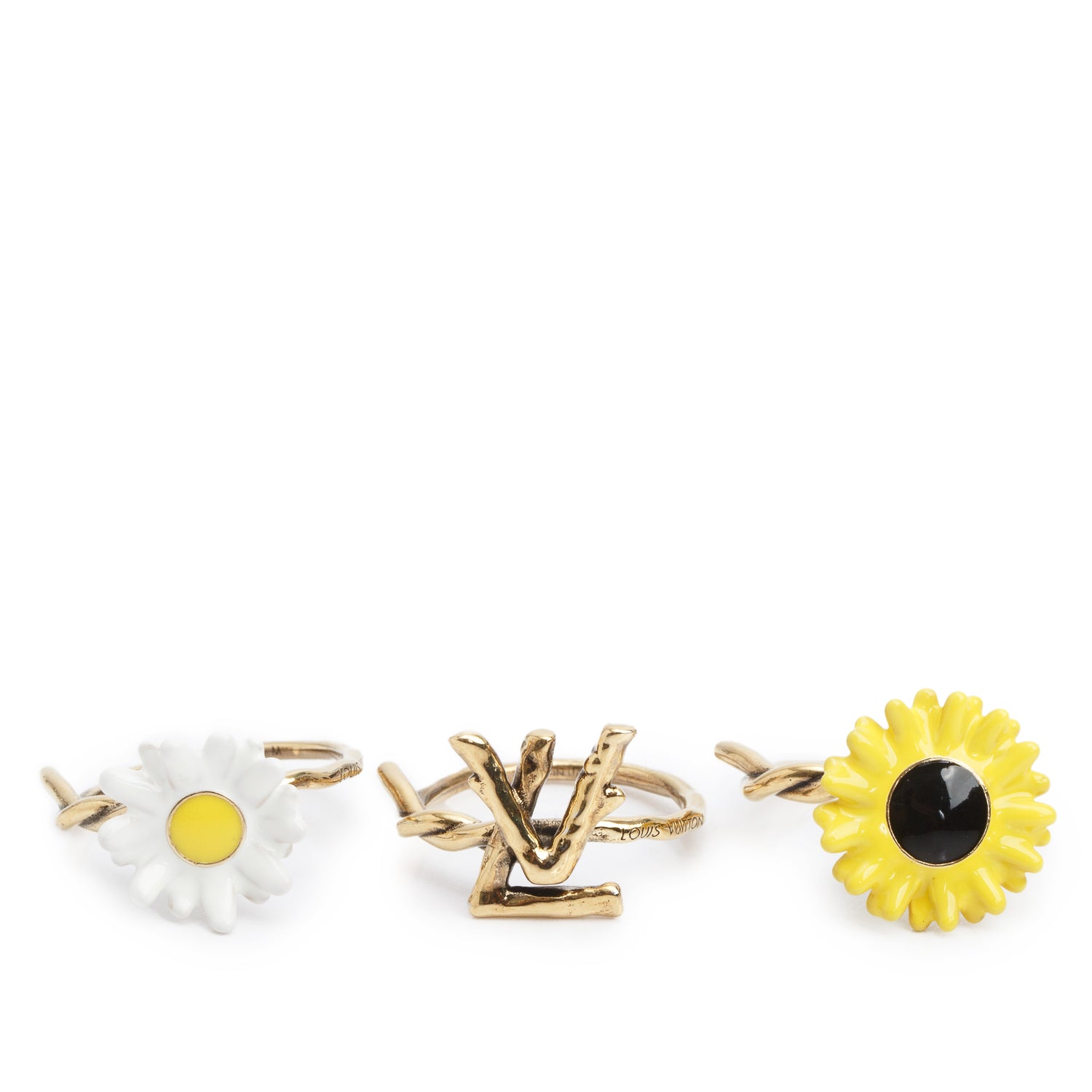 Louis Vuitton Gold-Tone Metal LV Garden Flower Three-Ring Set M, Size 9.5 w/ Box
