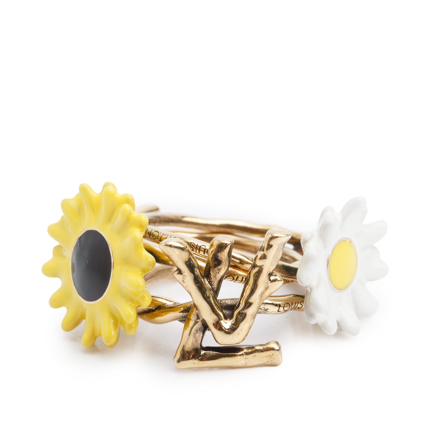 Louis Vuitton Gold-Tone Metal LV Garden Flower Three-Ring Set M, Size 9.5 w/ Box