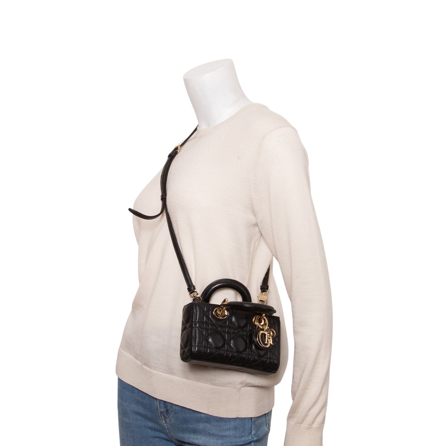 Christian Dior 2023 Black Lambskin Cannage Micro Lady D-Joy w/ Straps & Authenticity Card
