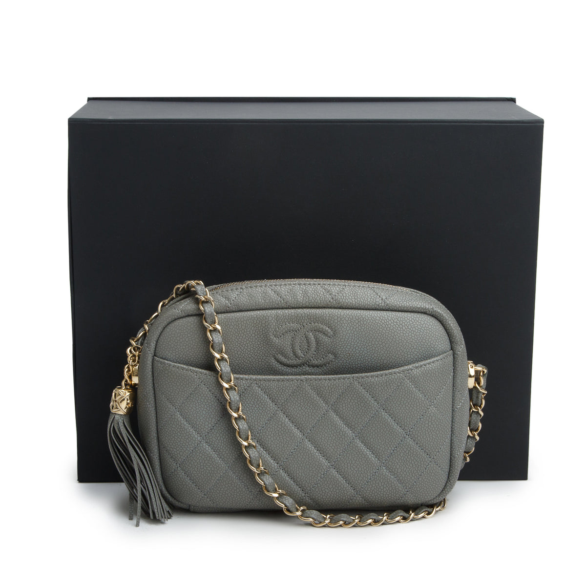 Chanel Grey Caviar Quilted Medium Coco Tassel Camera Bag w/ Box