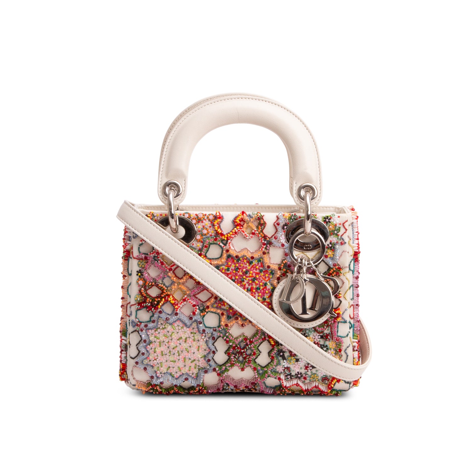 Christian Dior White Satin Beaded Floral Embroidered Mini Lady Dior Bag w/ Authenticity Card & Strap