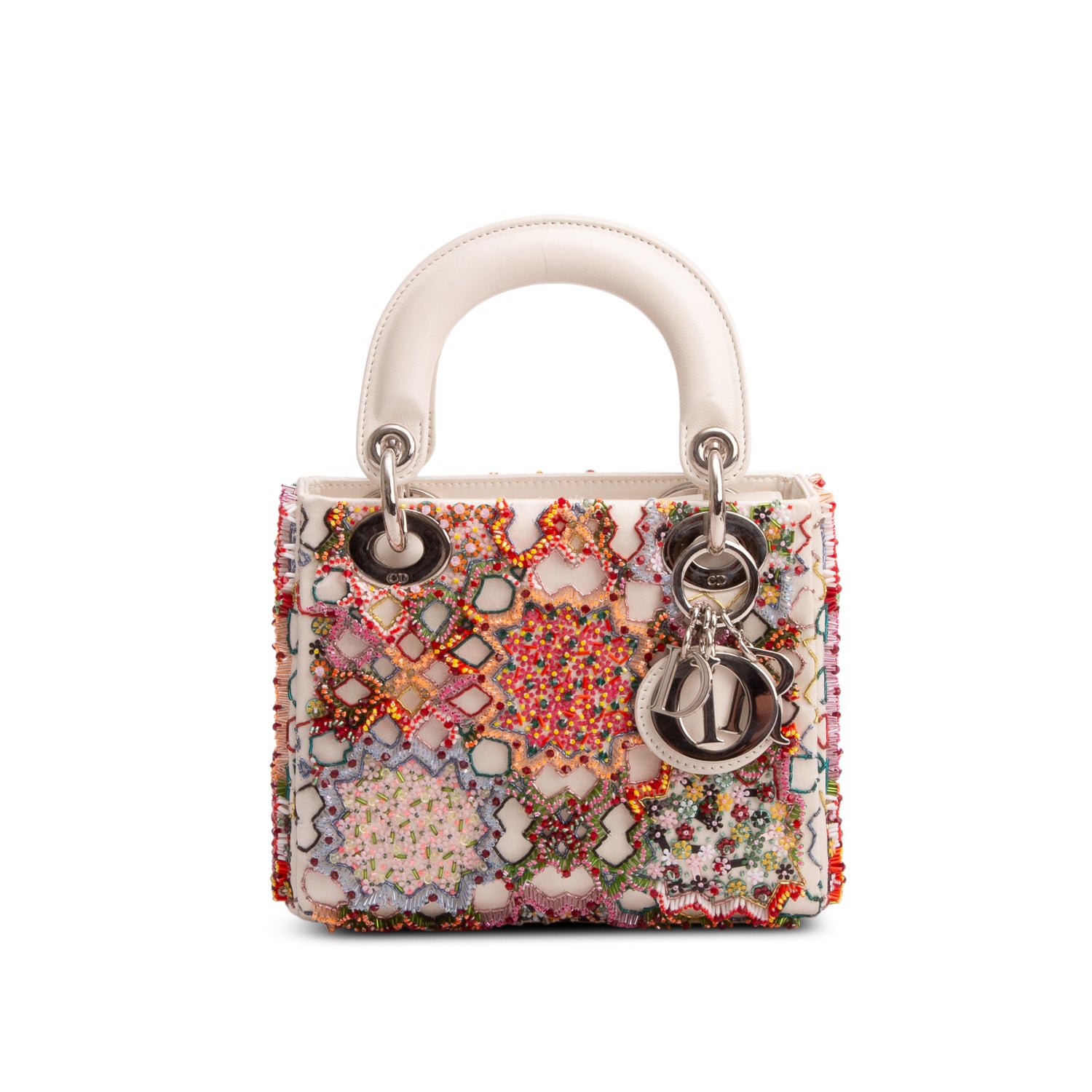 Christian Dior White Satin Beaded Floral Embroidered Mini Lady Dior Bag w/ Authenticity Card & Strap
