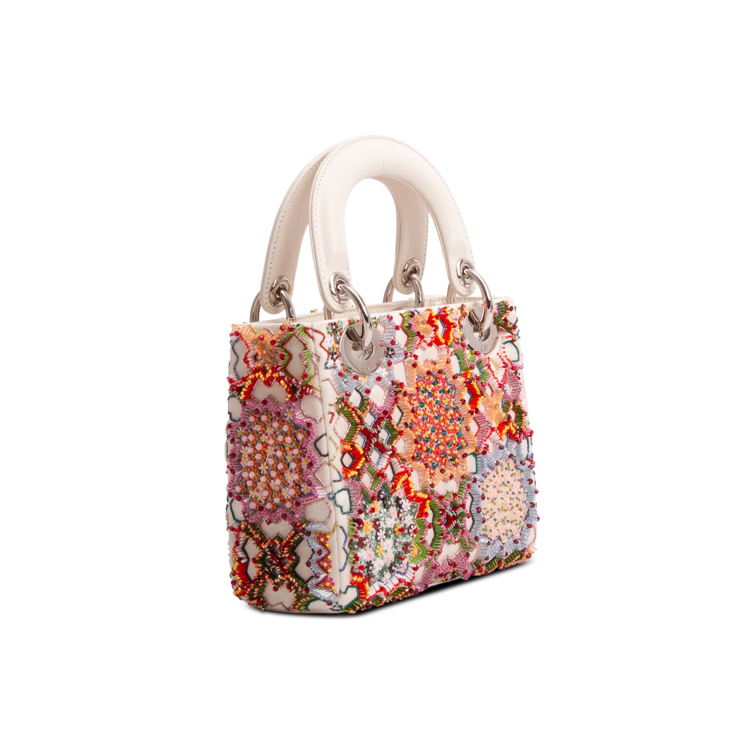 Christian Dior White Satin Beaded Floral Embroidered Mini Lady Dior Bag w/ Authenticity Card & Strap