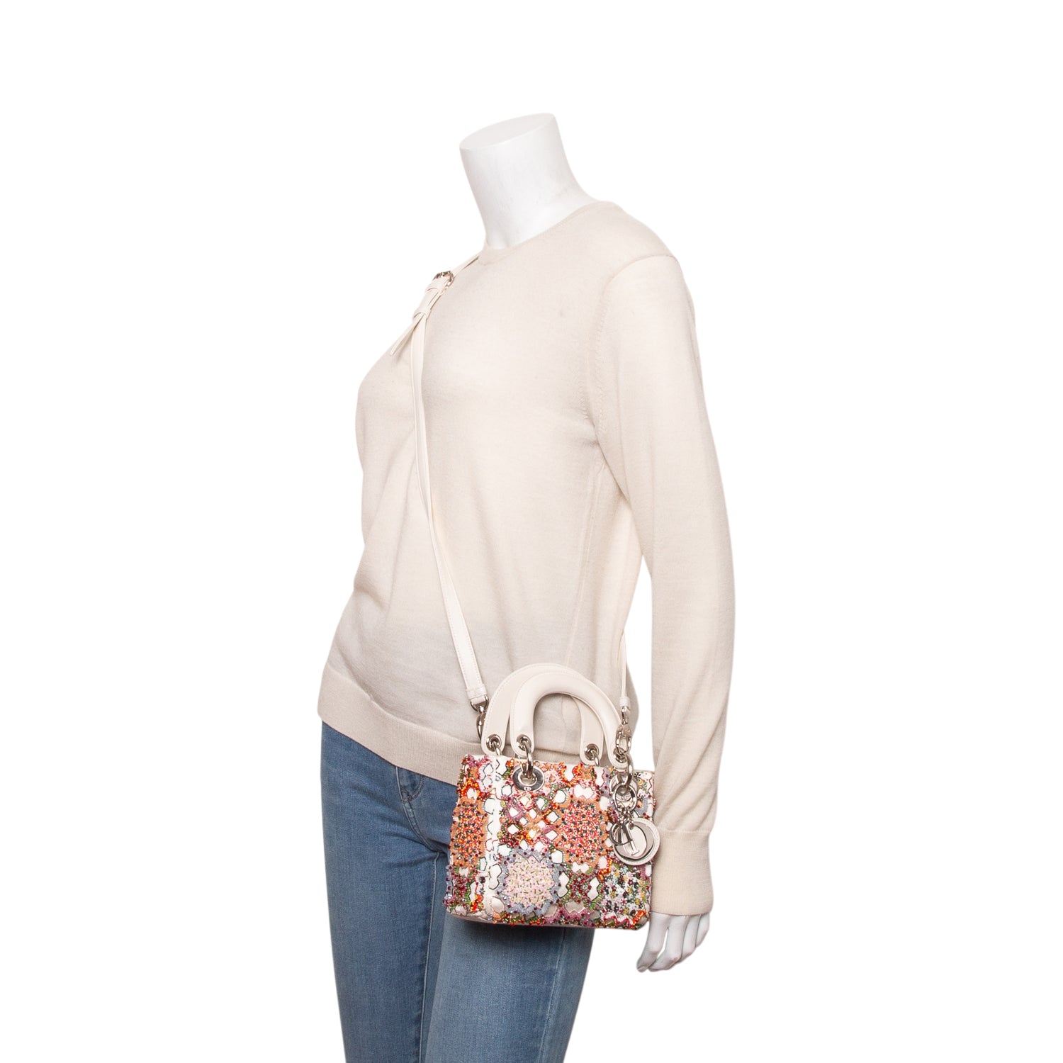 Christian Dior White Satin Beaded Floral Embroidered Mini Lady Dior Bag w/ Authenticity Card & Strap