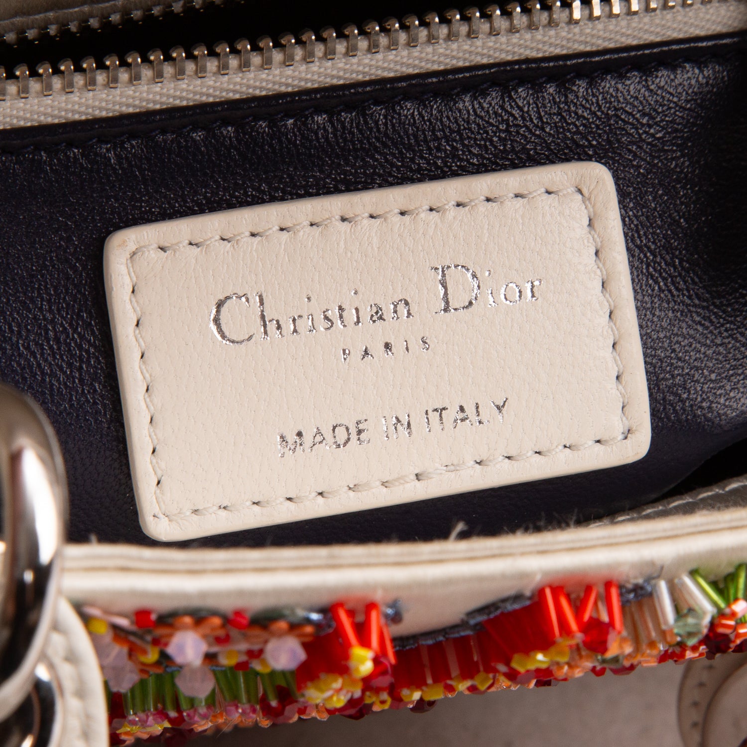 Christian Dior White Satin Beaded Floral Embroidered Mini Lady Dior Bag w/ Authenticity Card & Strap