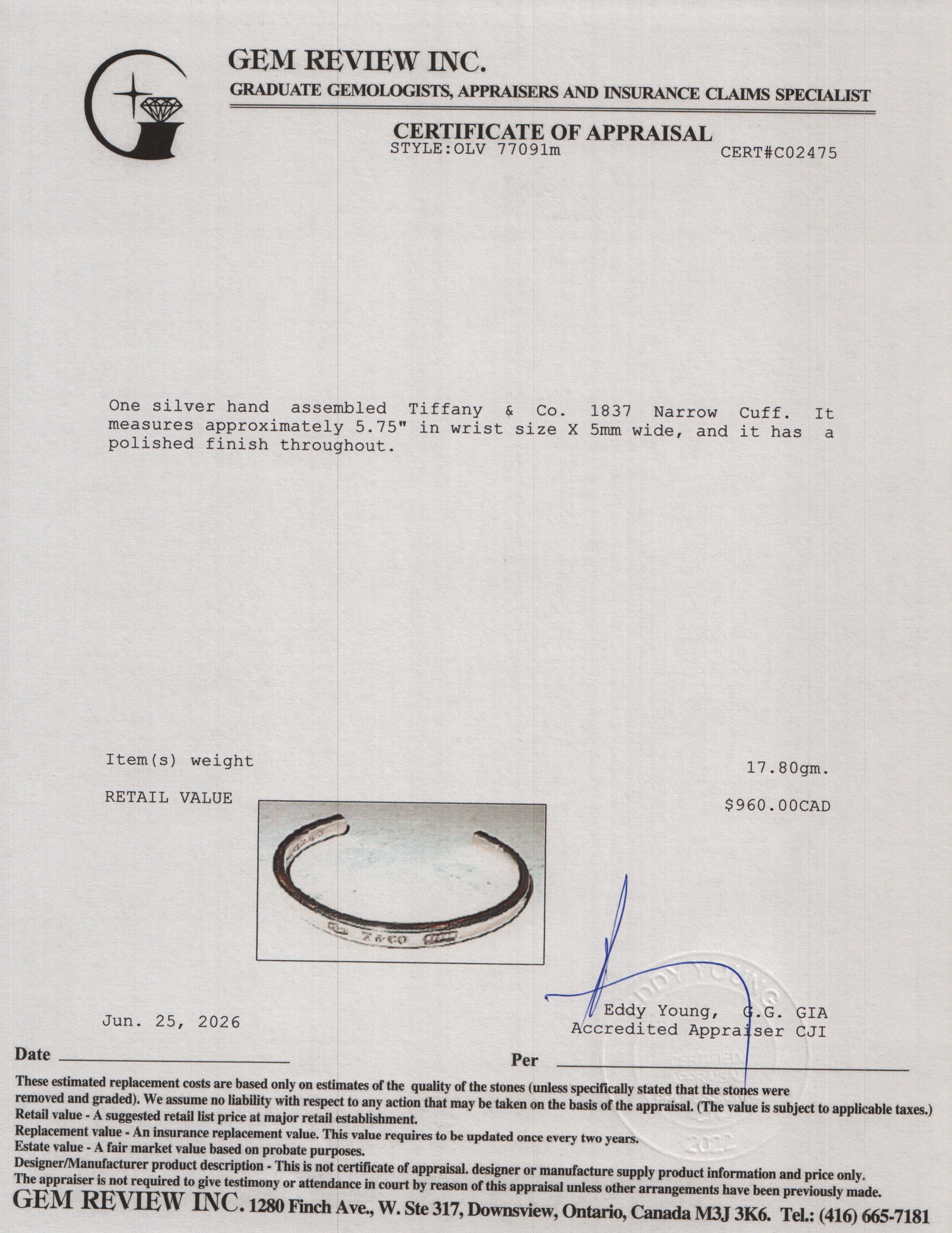 Tiffany & Co. Sterling Silver 1837 Narrow 5 MM Cuff