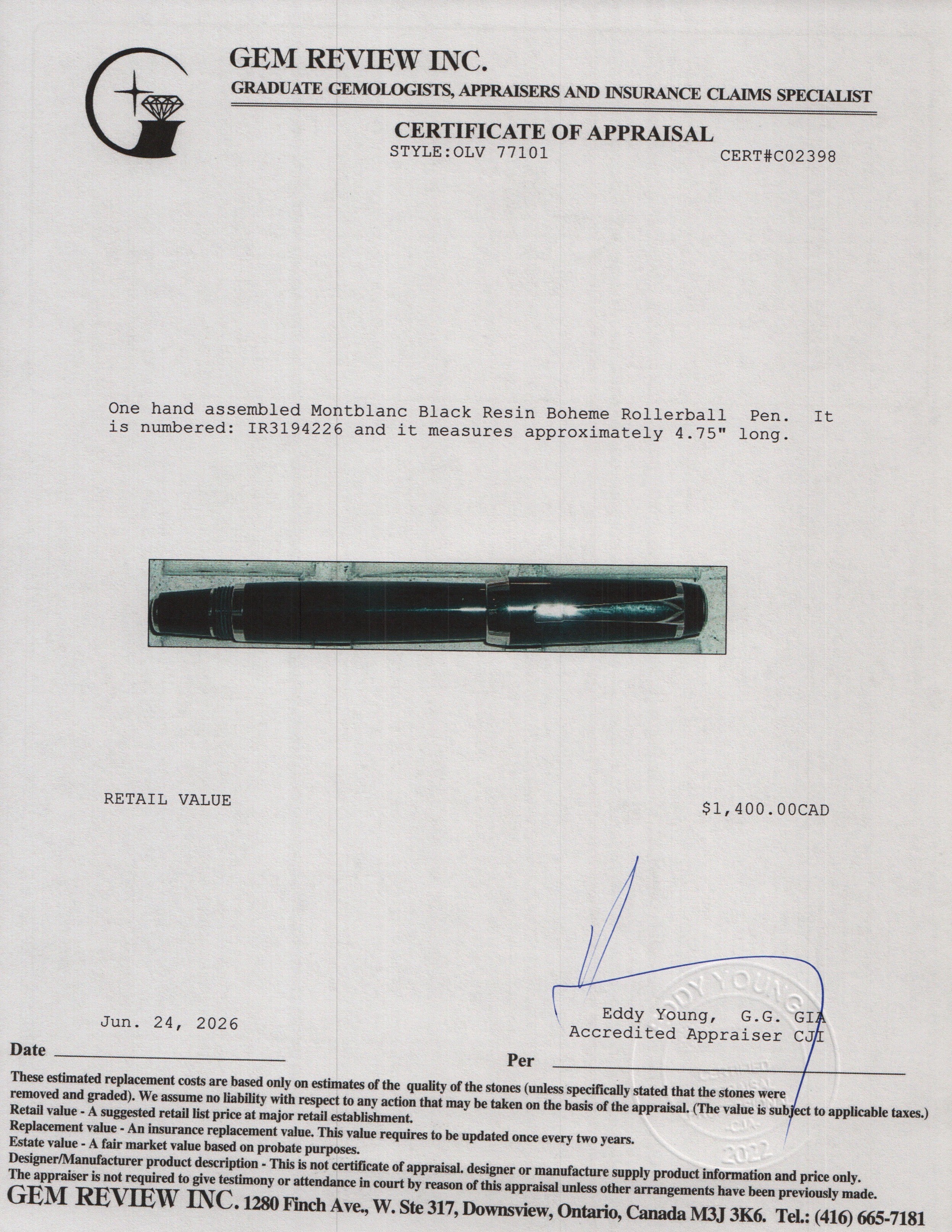 Montblanc Black Resin Boheme Rollerball Pen