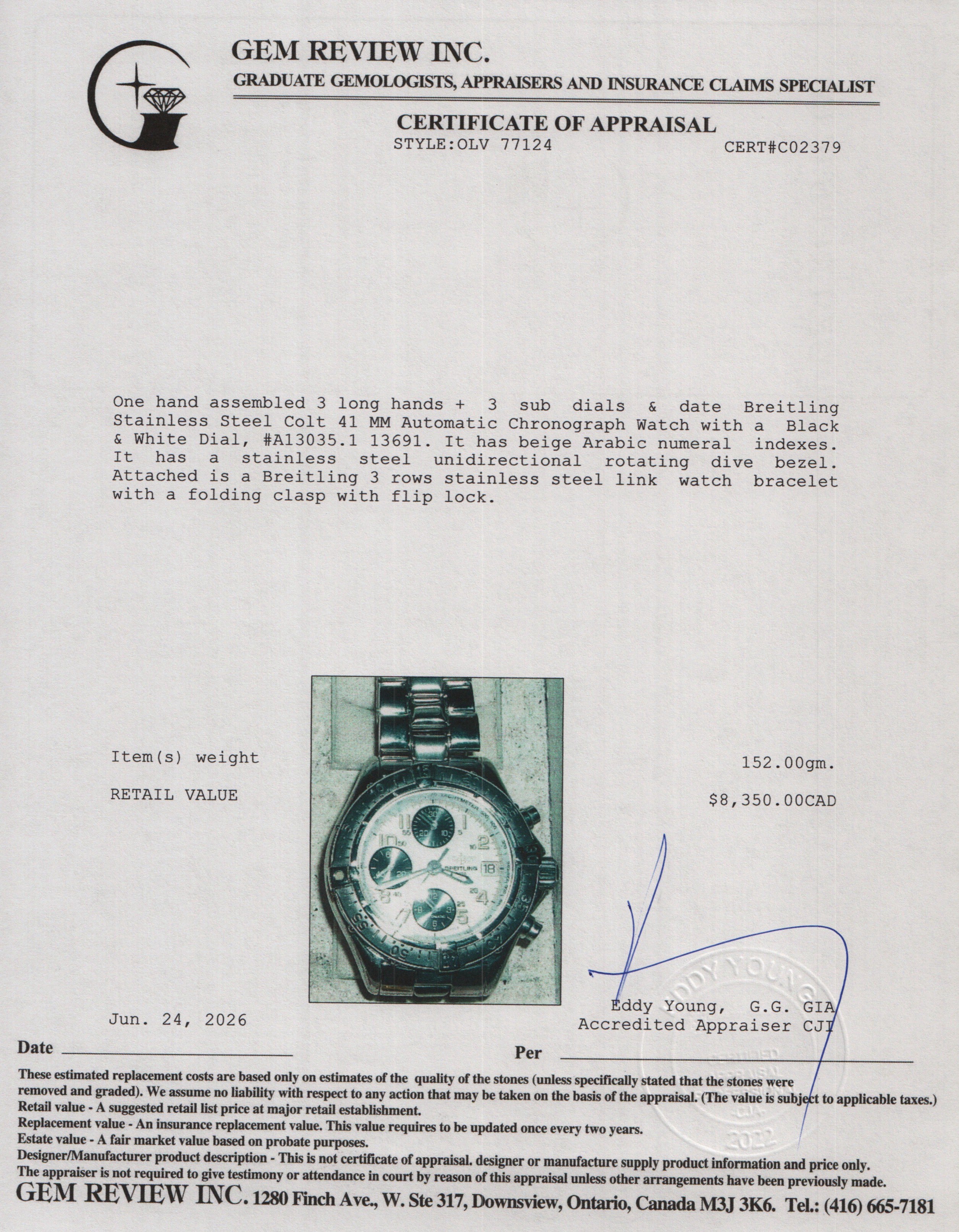 Breitling Stainless Steel Colt 41 MM Automatic Chronograph Watch Black & White Dial A13035.1 w/ Papers