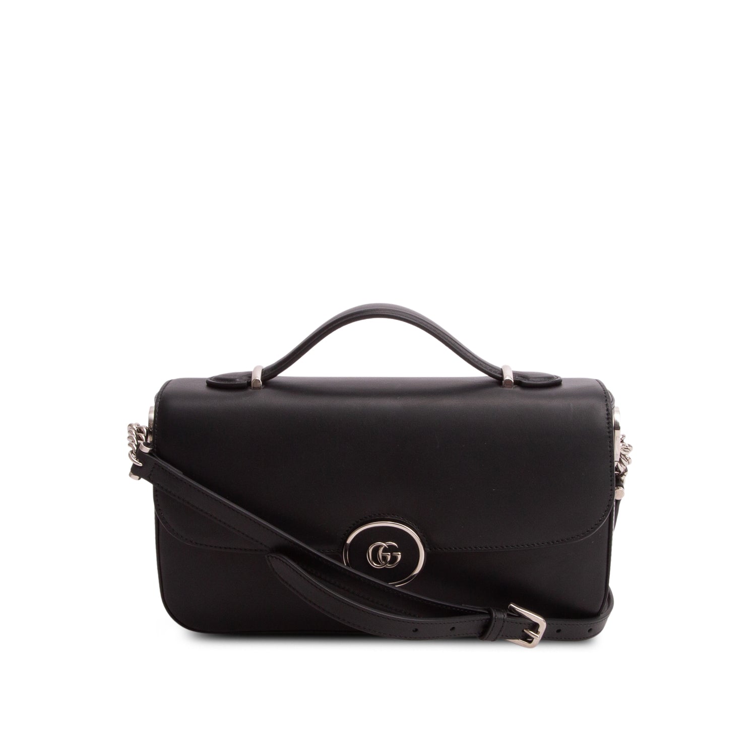 Gucci Black Senna Calfskin Petite GG Top Handle Shoulder Bag w/ Strap
