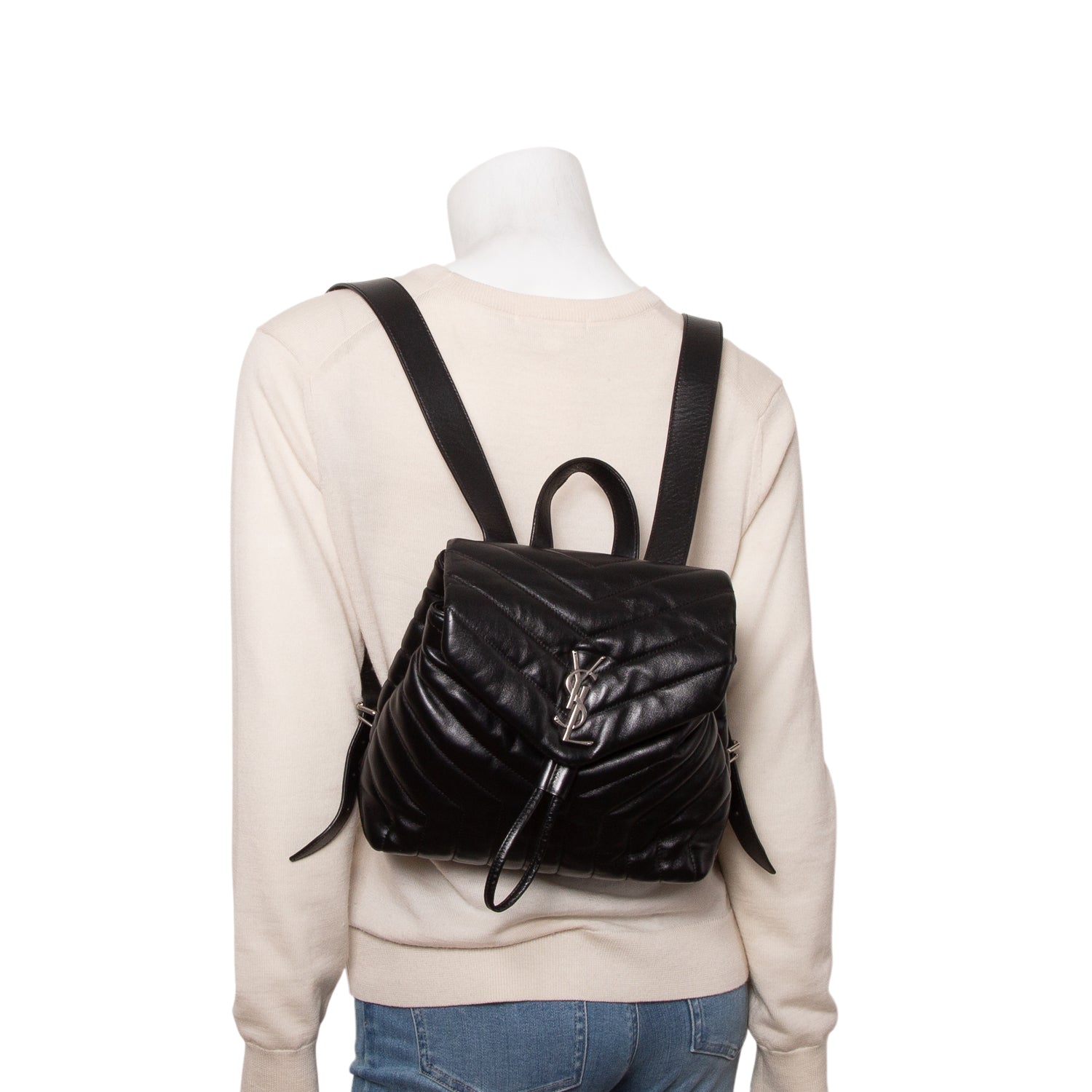 Saint Laurent Black Calfskin Y Quilted Monogram Small Loulou Backpack
