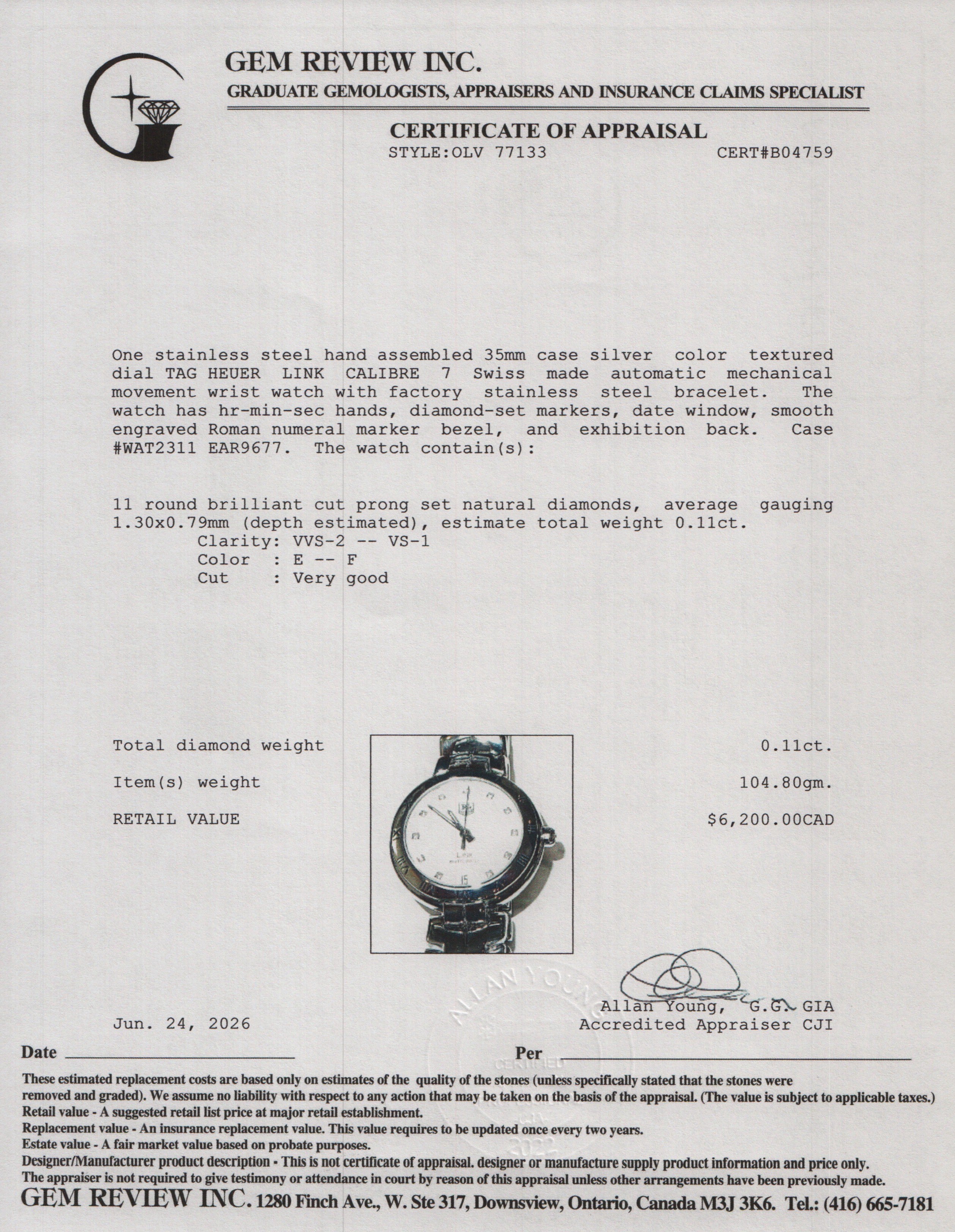 Tag Heuer Stainless Steel Link 35 MM Calibre 7 Automatic Watch Silver Diamond Dial WAT2311 w/ Papers