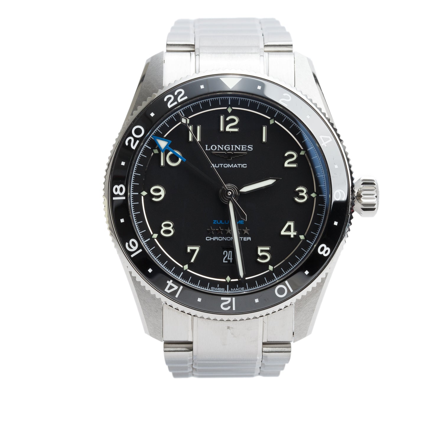 Longines Stainless Steel Spirit Zulu Time 42 MM Automatic Watch Black Dial w/ Box & Papers