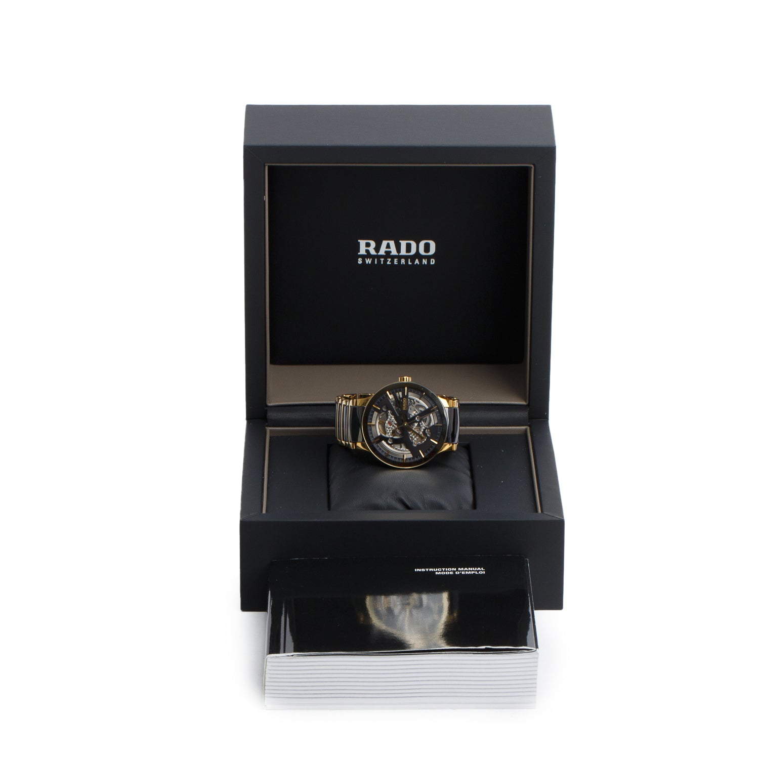 Rado Gold PVD Stainless Steel & Black Ceramic Centrix 38 MM Automatic Watch Skeleton Dial R30180162 w/ Box