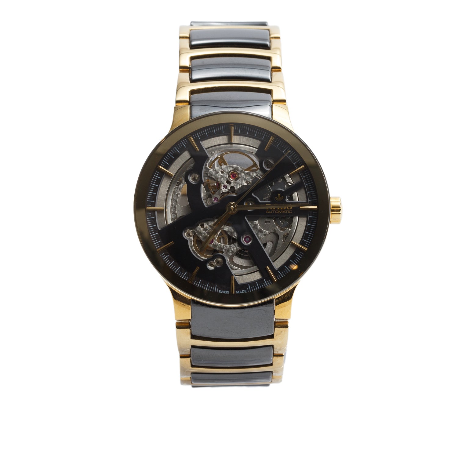 Rado Gold PVD Stainless Steel & Black Ceramic Centrix 38 MM Automatic Watch Skeleton Dial R30180162 w/ Box