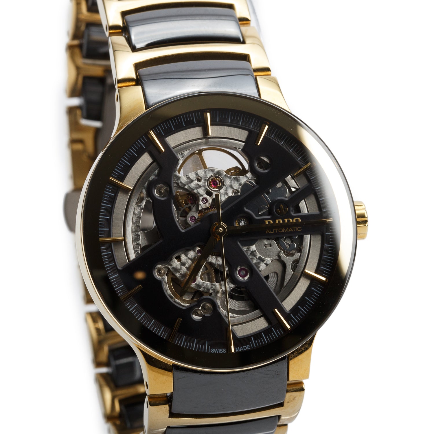 Rado Gold PVD Stainless Steel & Black Ceramic Centrix 38 MM Automatic Watch Skeleton Dial R30180162 w/ Box