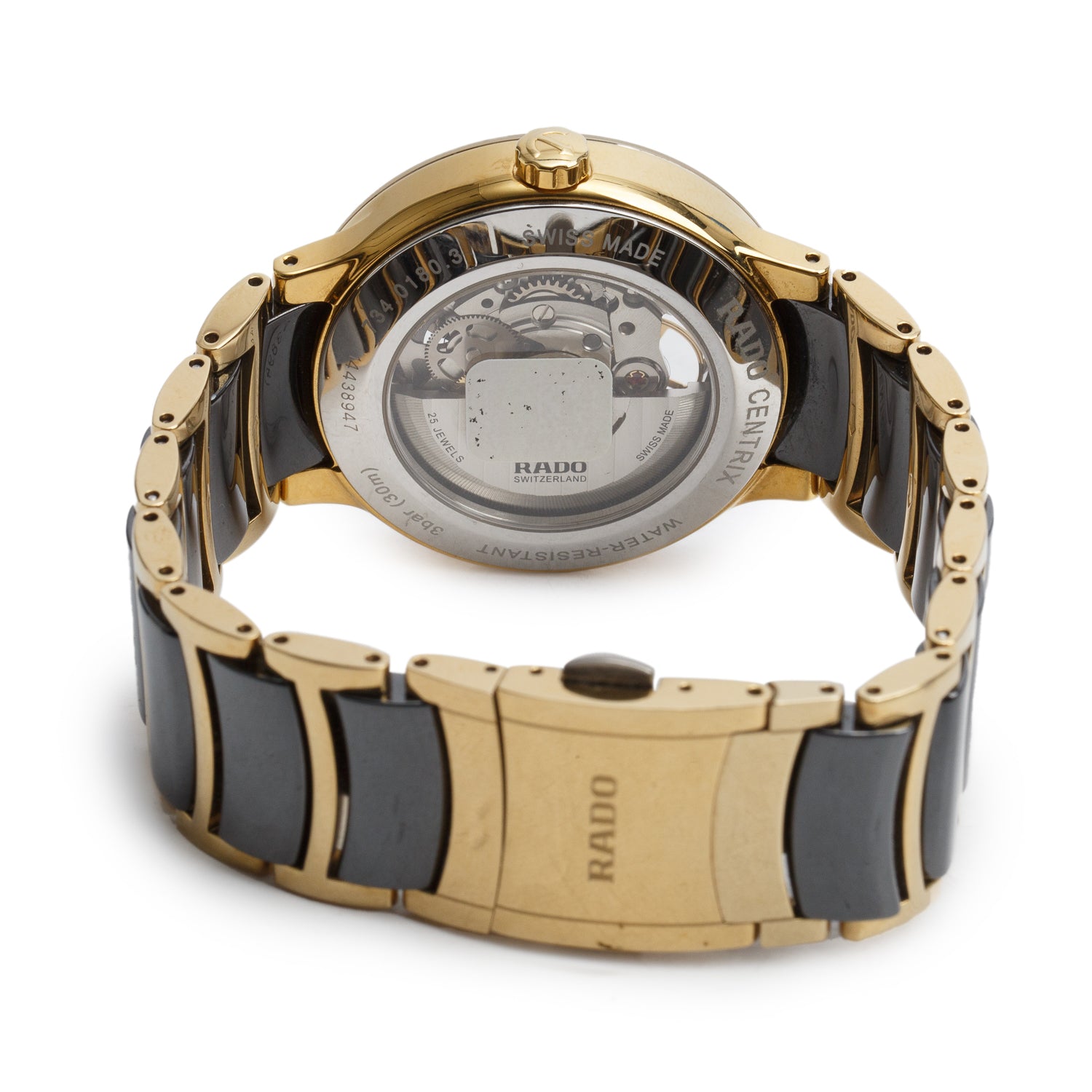 Rado Gold PVD Stainless Steel & Black Ceramic Centrix 38 MM Automatic Watch Skeleton Dial R30180162 w/ Box