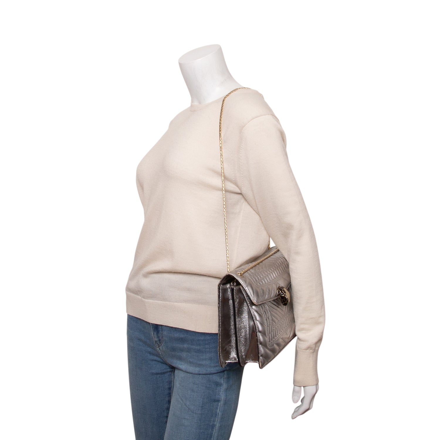 Bulgari Metallic Silver Calfskin Quilted Serpenti Forever Shoulder Bag