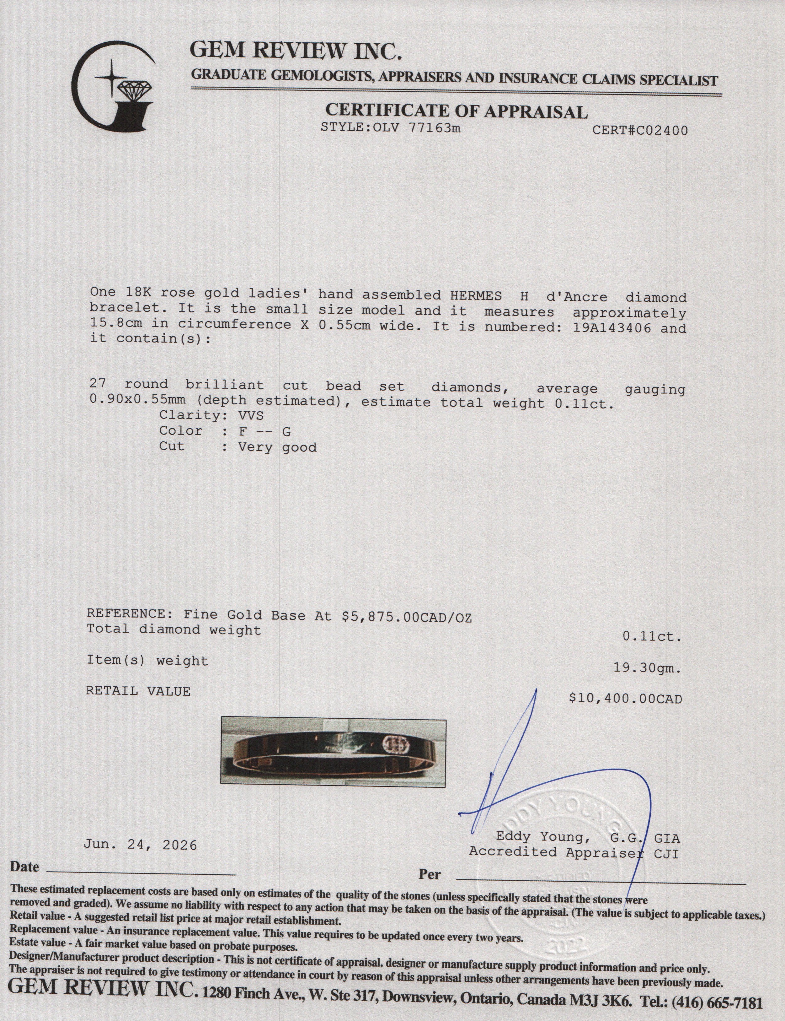 Hermes 18k Rose Gold Diamond H D'ancre Bracelet, Small Model, Size SH w/ Box & Certificate
