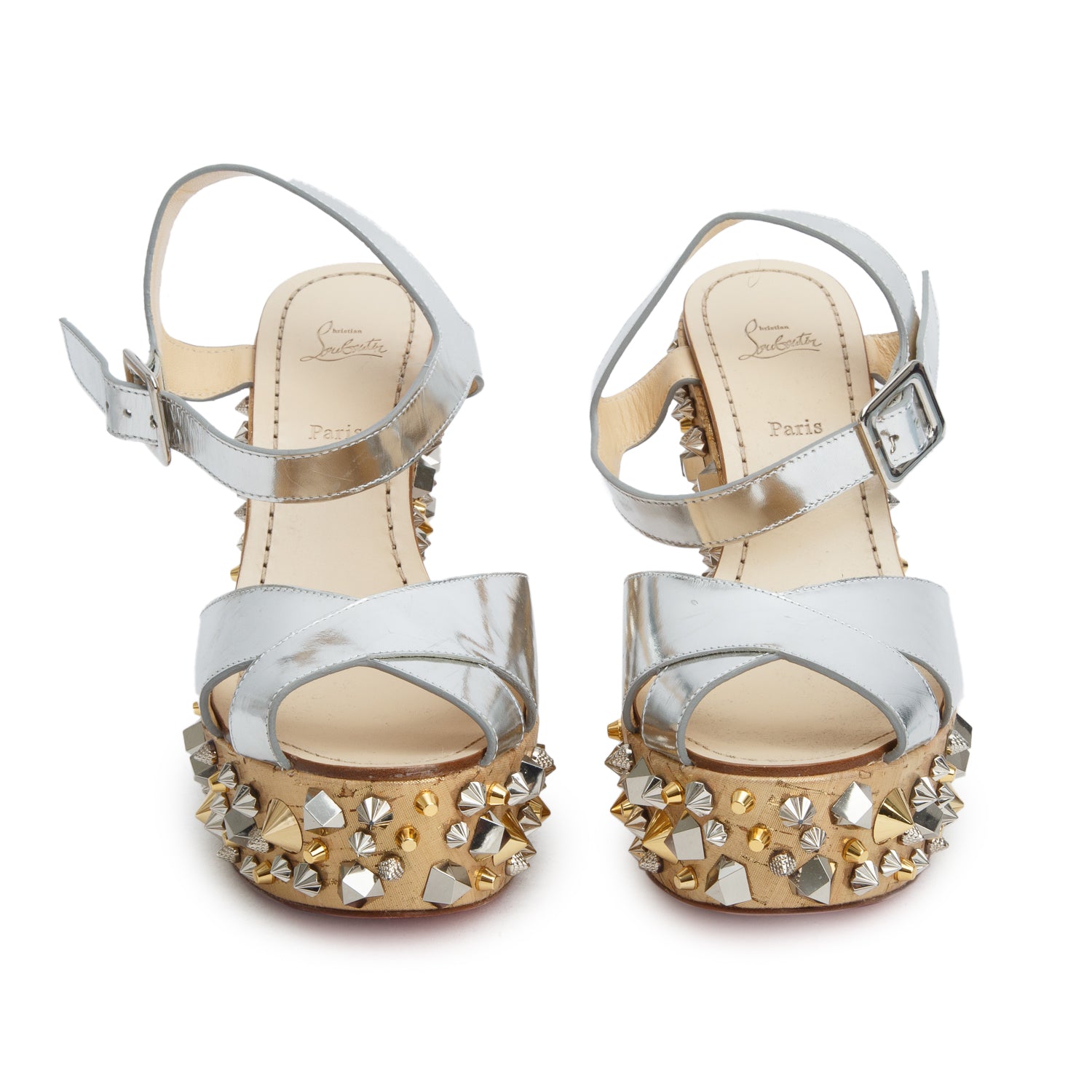 Christian Louboutin Metallic Silver Patent Leather Studded Almeria Wedge Sandals, Size 40