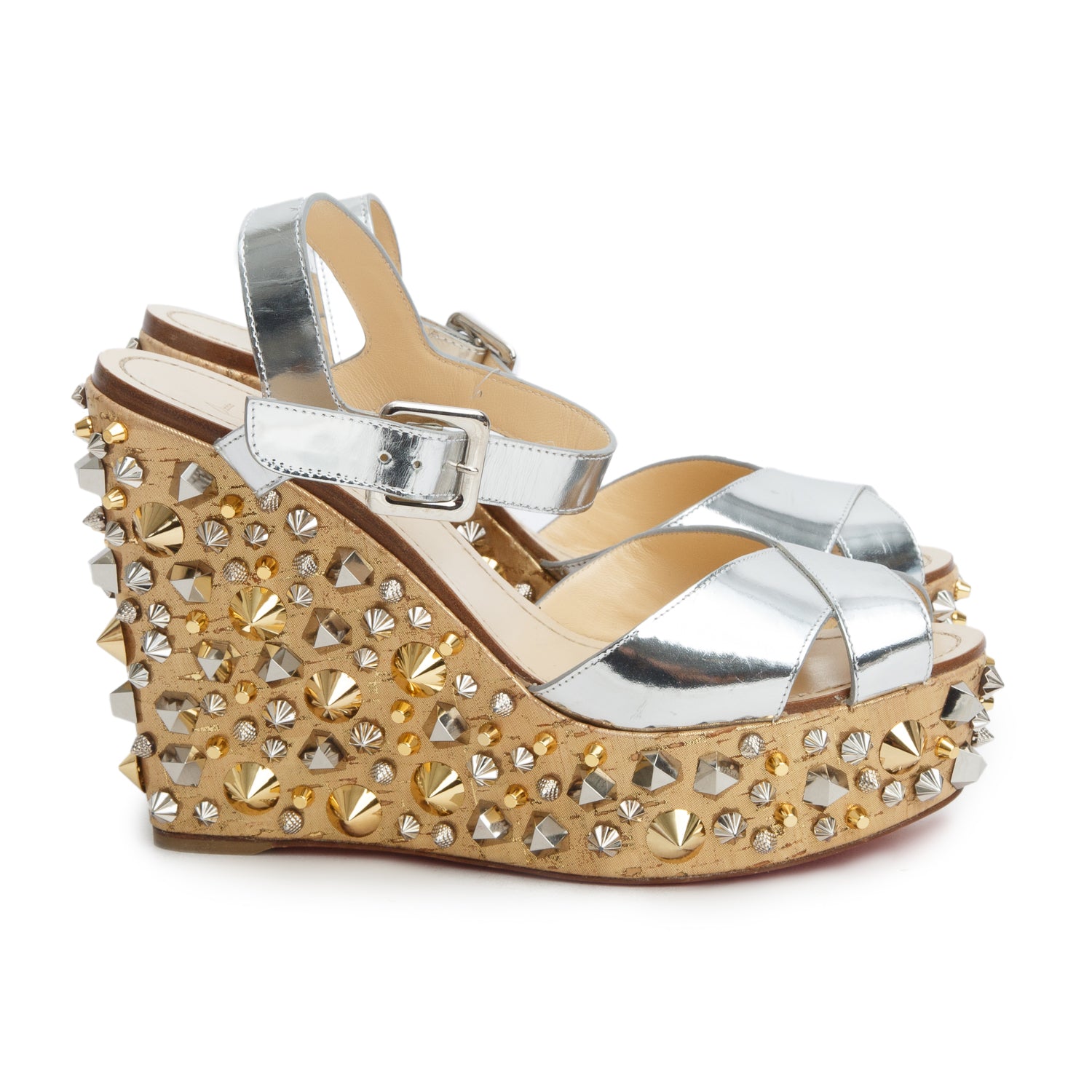 Christian Louboutin Metallic Silver Patent Leather Studded Almeria Wedge Sandals, Size 40