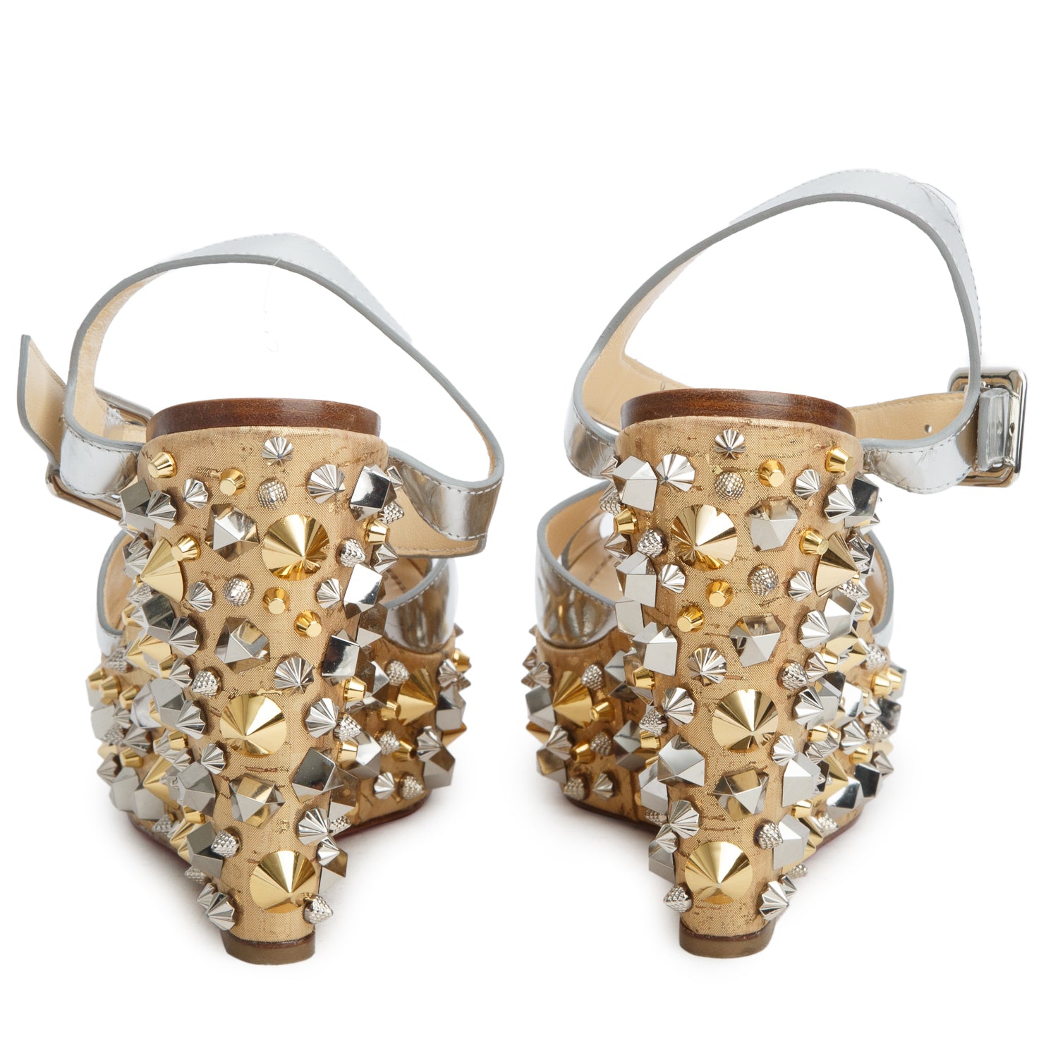 Christian Louboutin Metallic Silver Patent Leather Studded Almeria Wedge Sandals, Size 40