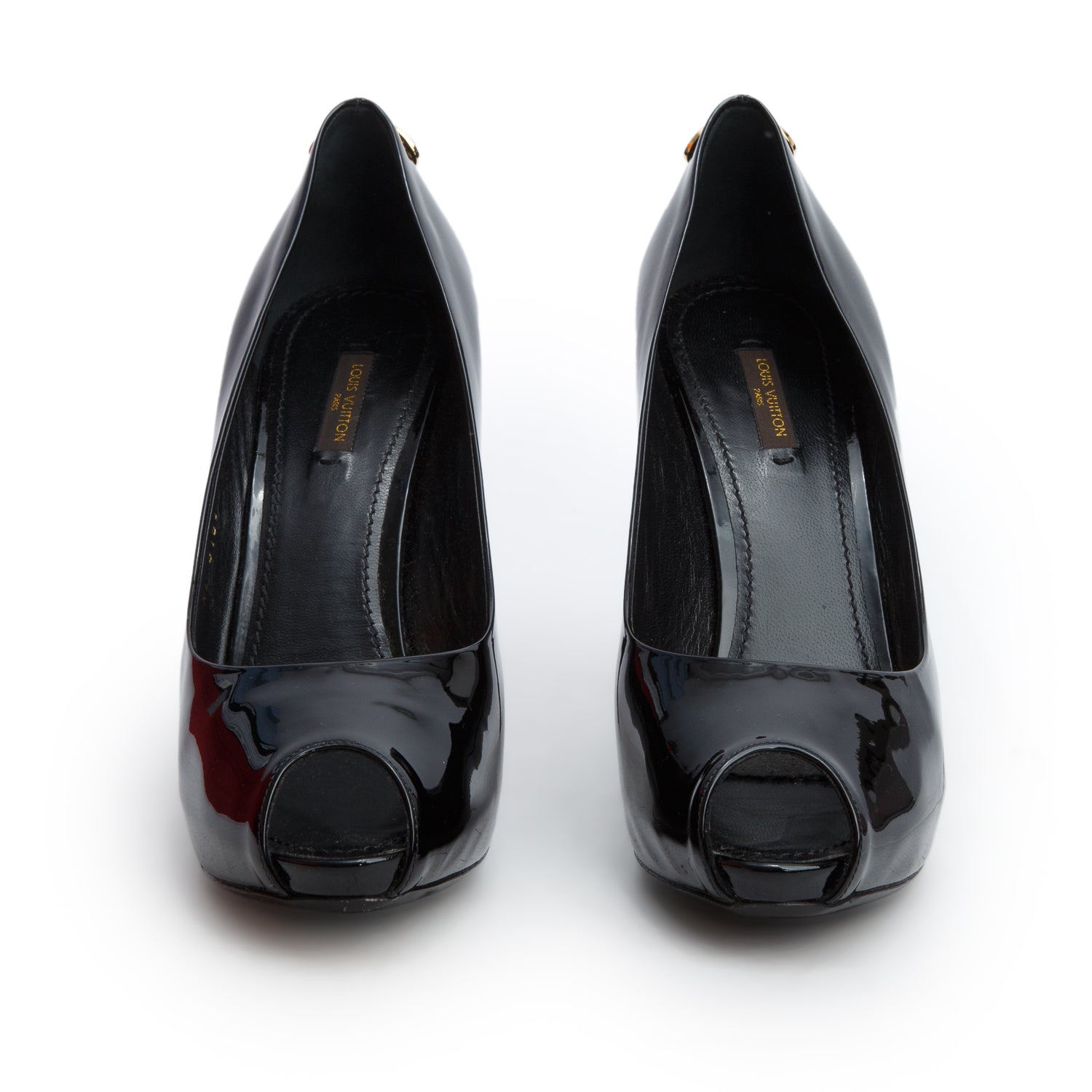 Louis Vuitton Black Patent Leather Lock It Peep Toe Pumps, Size 41 w/ Box