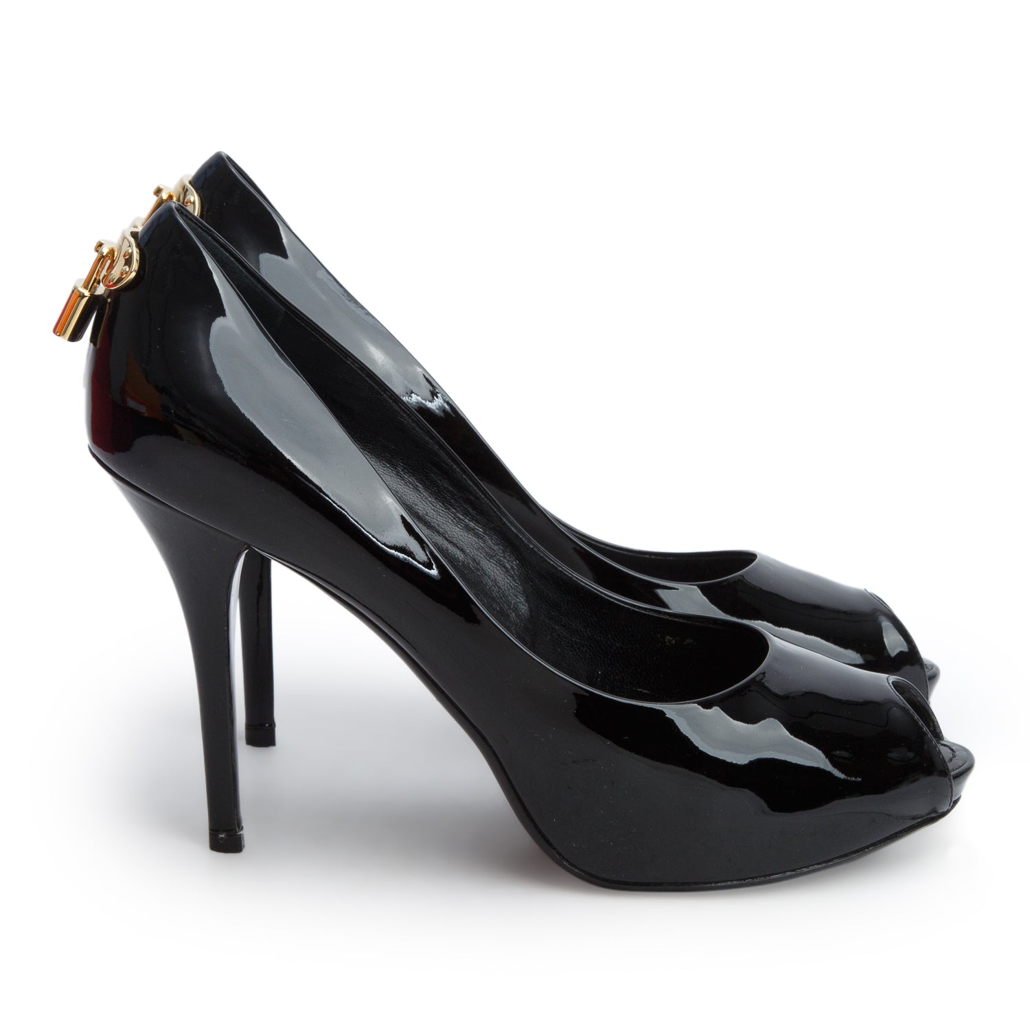 Louis Vuitton Black Patent Leather Lock It Peep Toe Pumps, Size 41 w/ Box