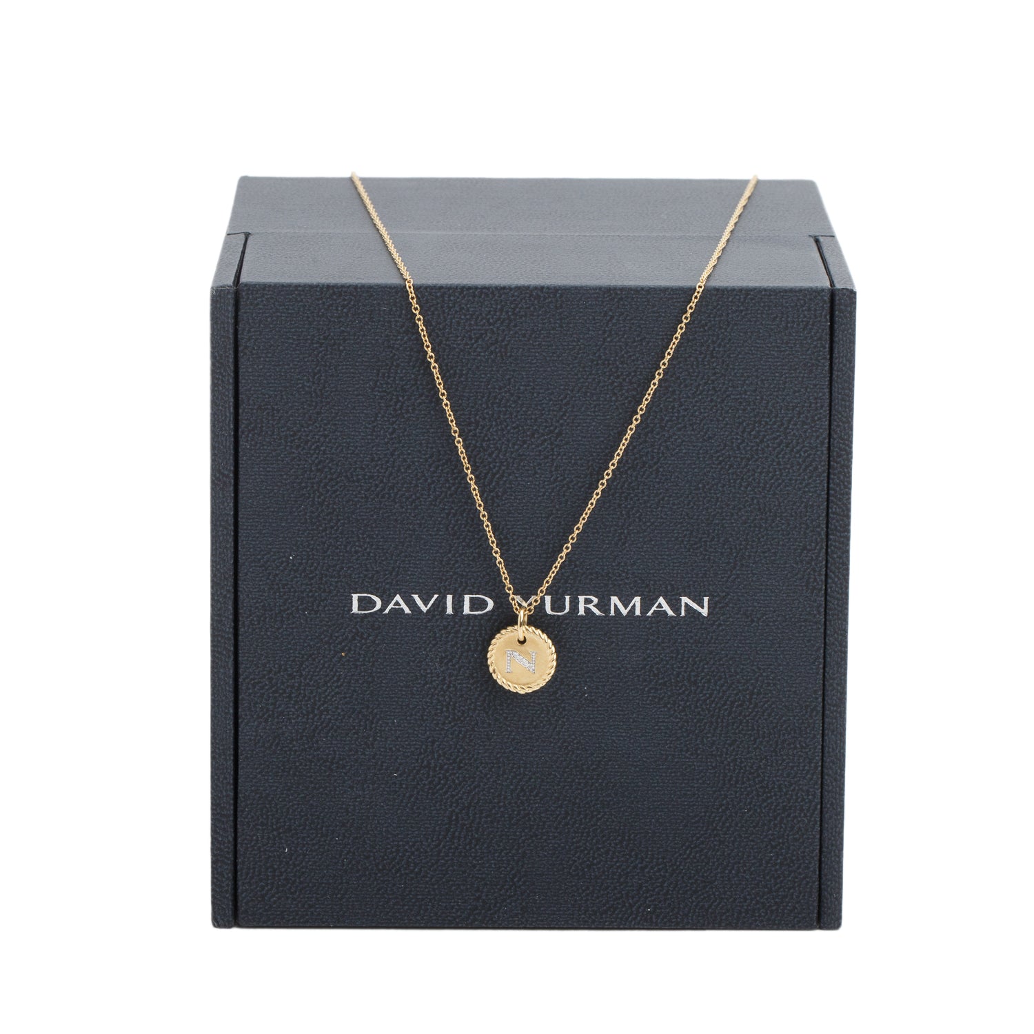 David Yurman 18k Yellow Gold Diamond Initial 'N' Charm Necklace w/ Box