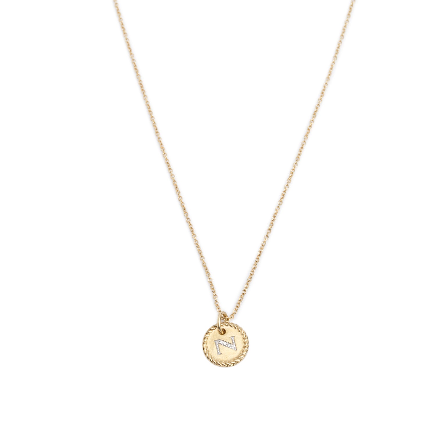 David Yurman 18k Yellow Gold Diamond Initial 'N' Charm Necklace w/ Box