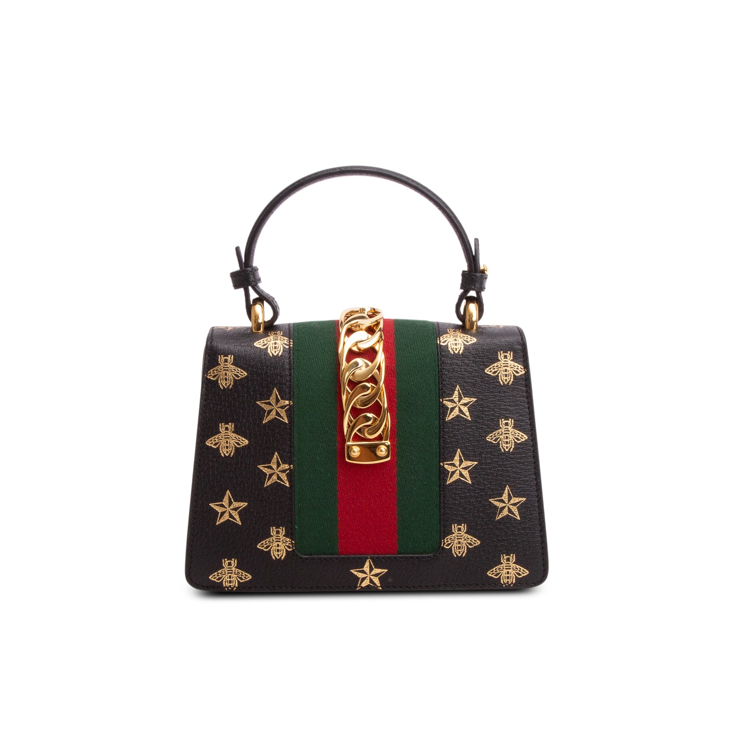 Gucci Black Textured Calfskin Bee Star Print Mini Sylvie Top Handle Bag w/ Straps